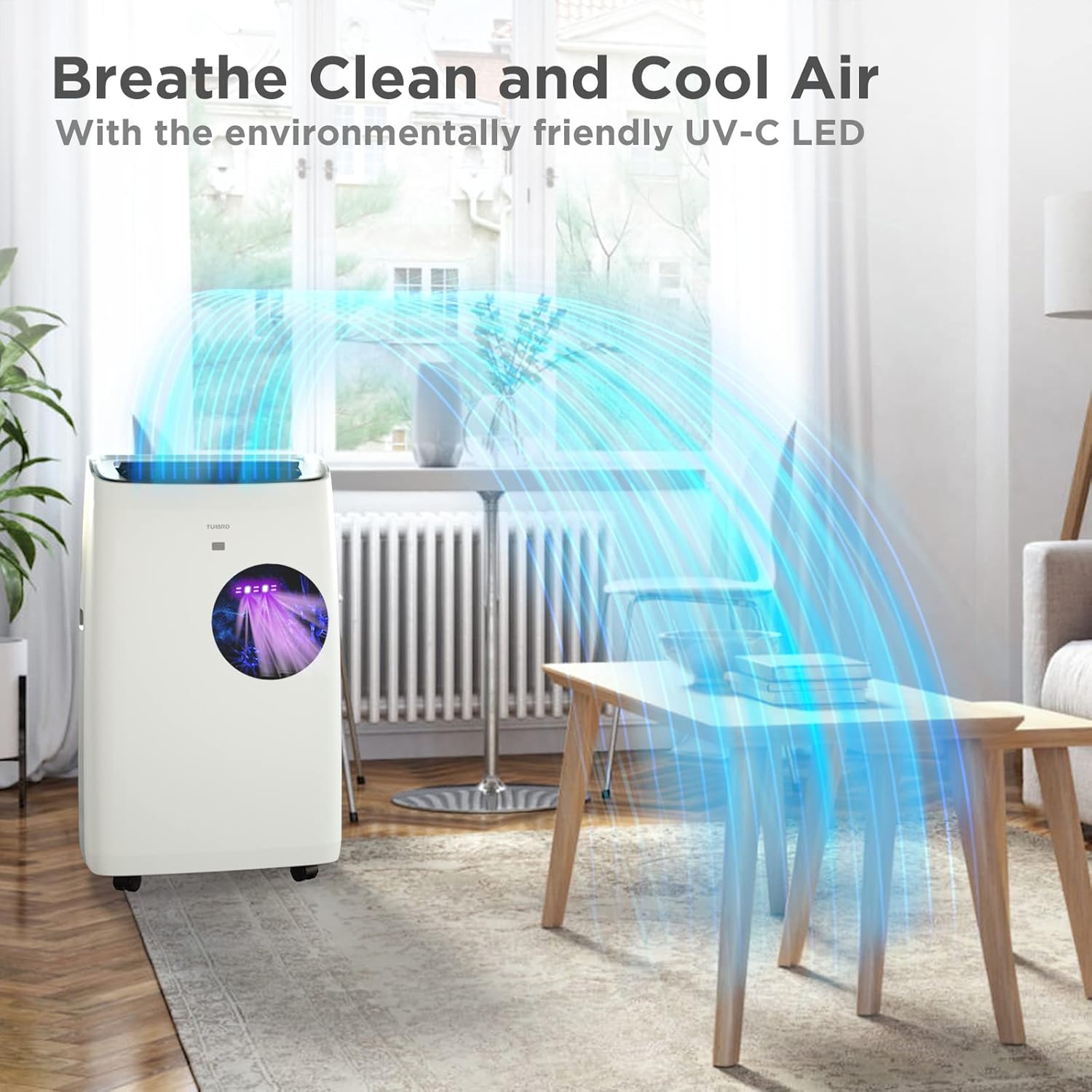 TURBRO 14,000 BTU Portable Air Conditioner & Heater, 4-in-1 AC Unit with Dehumidifier, Fan, UV-C Light for Rooms up to 600 Sq Ft, Remote, Sleep Mode, Easy Installation (10,000 BTU SACC), Greenland