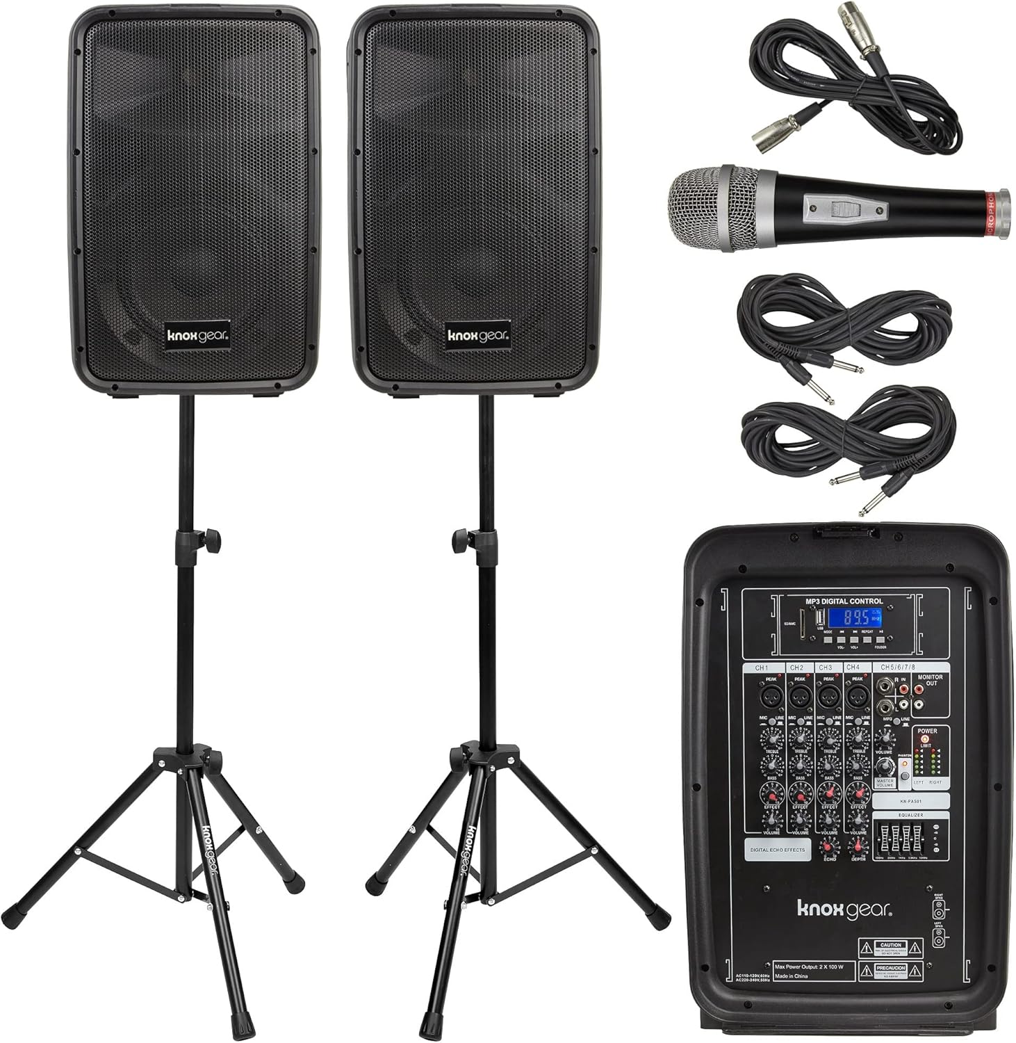 Knox Gear Dual Speaker and Mixer Set–Portable 8” 300 Watt DJ PA System with Wired Microphone & Tripod Stands, Amplifier, Bluetooth, USB, SD, 1/4” Line RCA, XLR Inputs, Ideal for a Party or Event