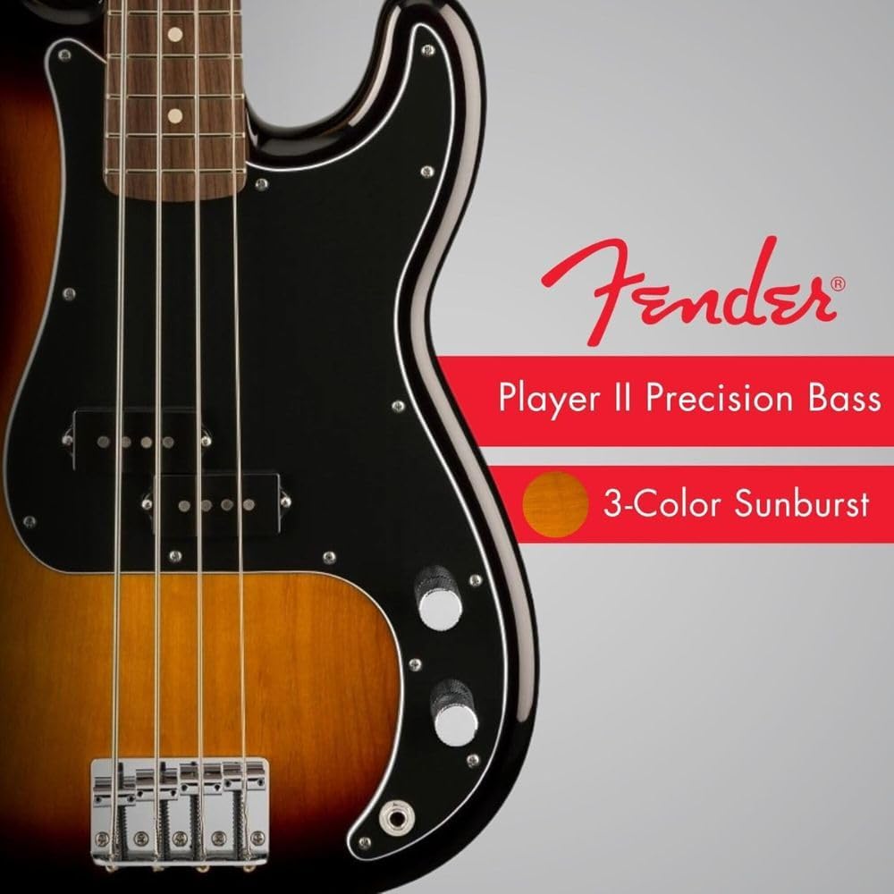 Fender Player II Precision Bass 3 color Sunburst w/Rosewood Bundle with Fender Electric Guitar Bag Black, Fender Classic Celluloid Guitar Picks 12-Pack and 10ft Fender Instrument Cable Black