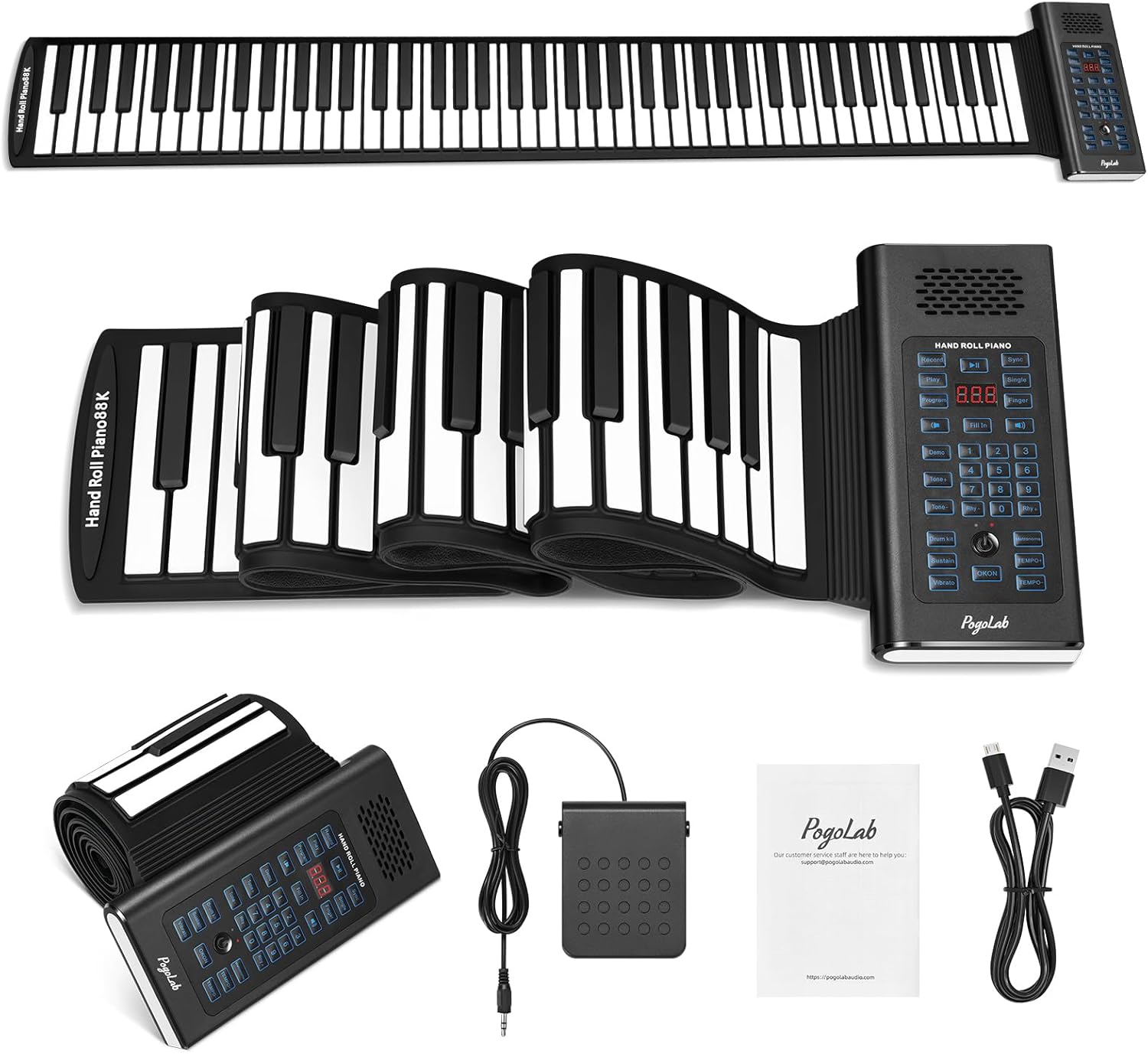 88 Keys Roll Up Keyboard Piano, Portable Electric Foldable Piano with Sustain Pedal, 20 Songs, 128 Tones, 128 Rhythms, Rechargeable & Wireless BT, Music Gift for Beginners (with LED Display)