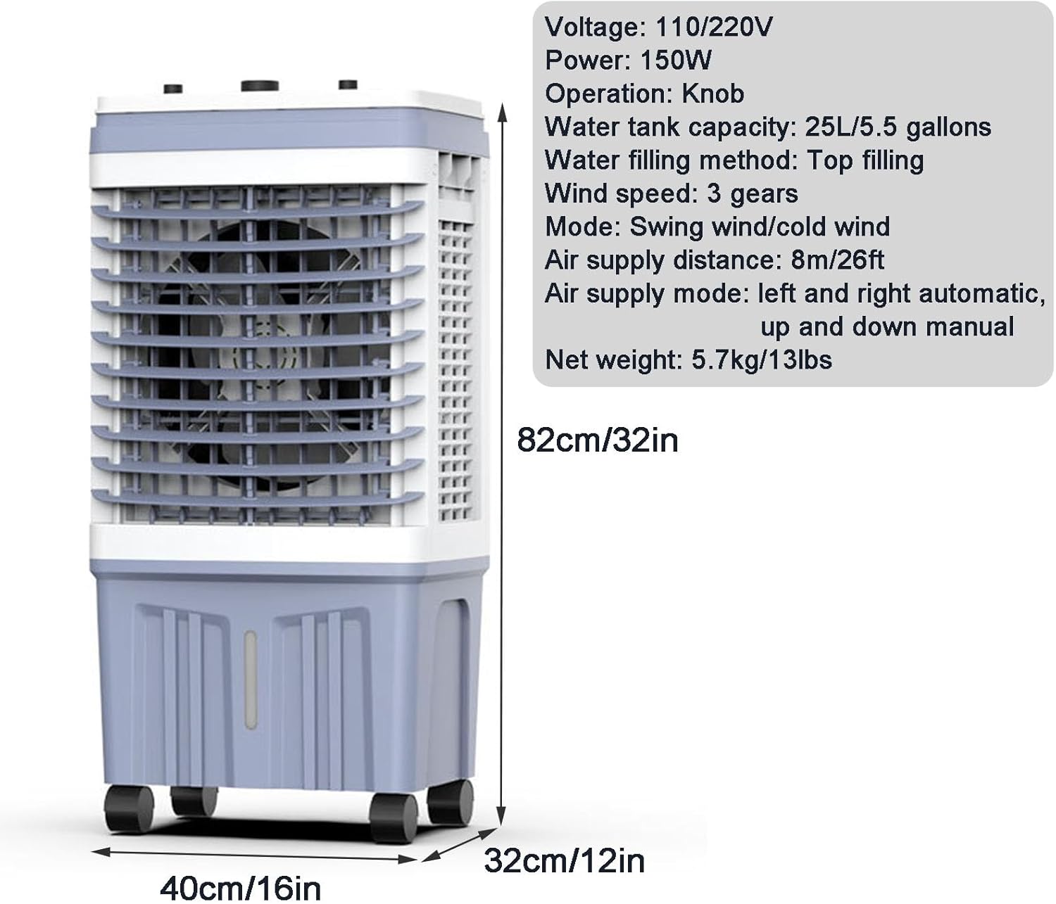 Swamp Cooler Air Conditioner, Portable Evaporative Air Cooler with 3 Speeds, Portable Ac with 5.5 Gal Tank for Patio Garage Commercial