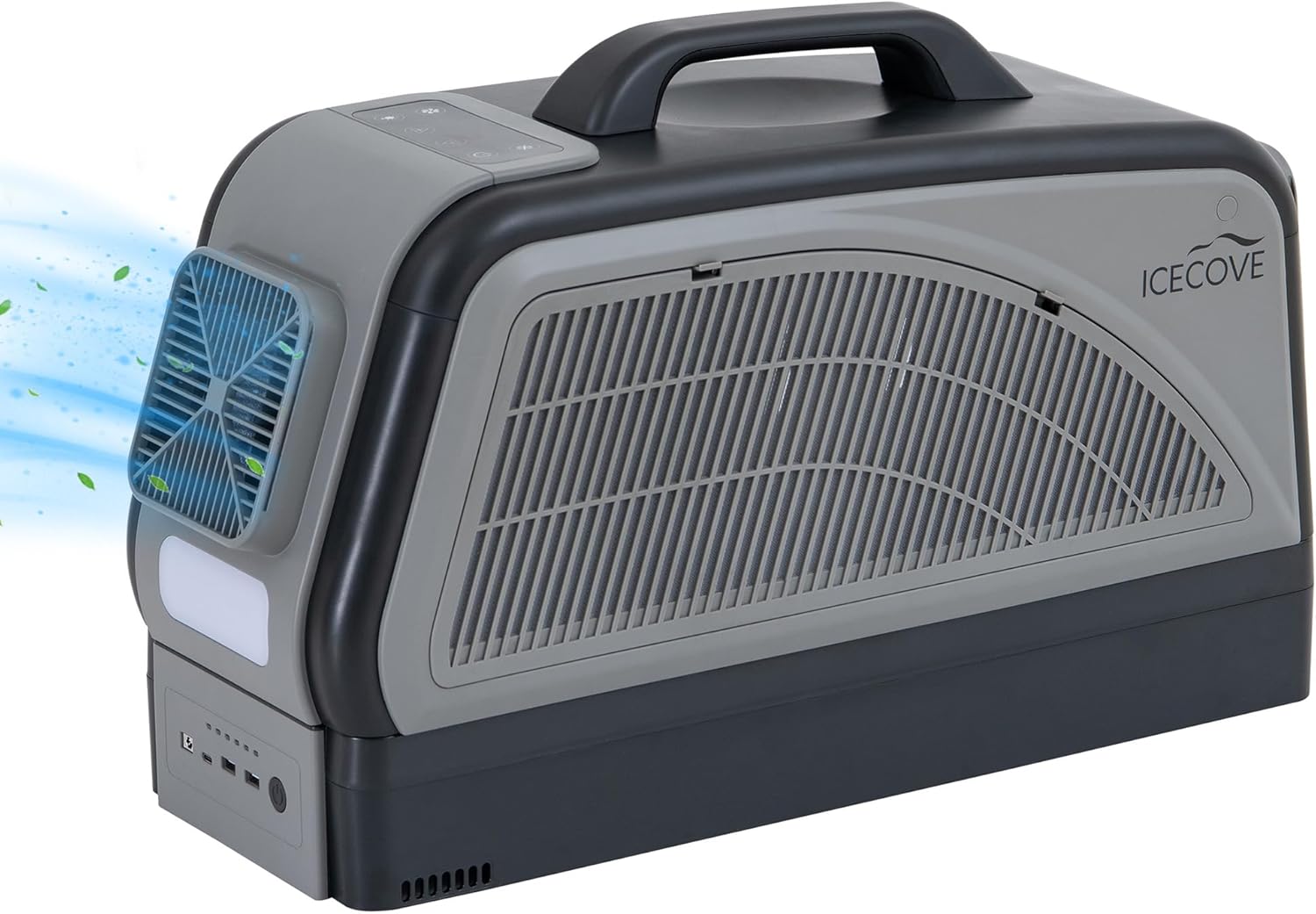 IceCove Portable Air Conditioner with Add-on Battery, 2500BTU Portable Car AC Unit, 250W Low Power Consumption, 25.5VDC, 2 Fan Speed, 3 Light Mode for Tent Camping RV Truck Van Life Home, Gray