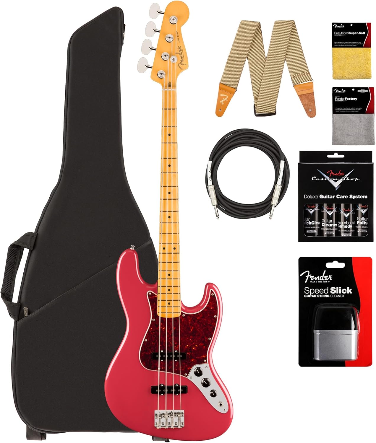 Fender American Professional Classic Jazz Bass - Faded Dakota Red Bundle with Gig Bag, Strap, Cable, and Guitar Cleaning Kit