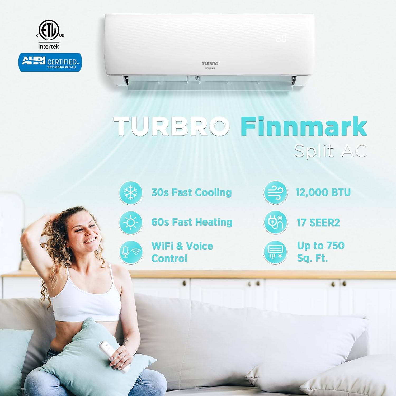 TURBRO 12,000 BTU Ductless Mini Split Inverter AC with Heat Pump, 17 SEER2, 230V, WiFi-Enabled, Works with App, Cools up to 750 Sq.Ft, Finnmark Series