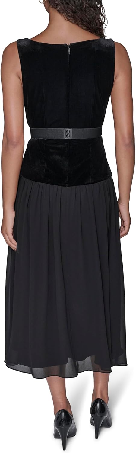 Karl Lagerfeld Womens Sleeveless Stretch Velvet Novelty Belt Midi Dress
