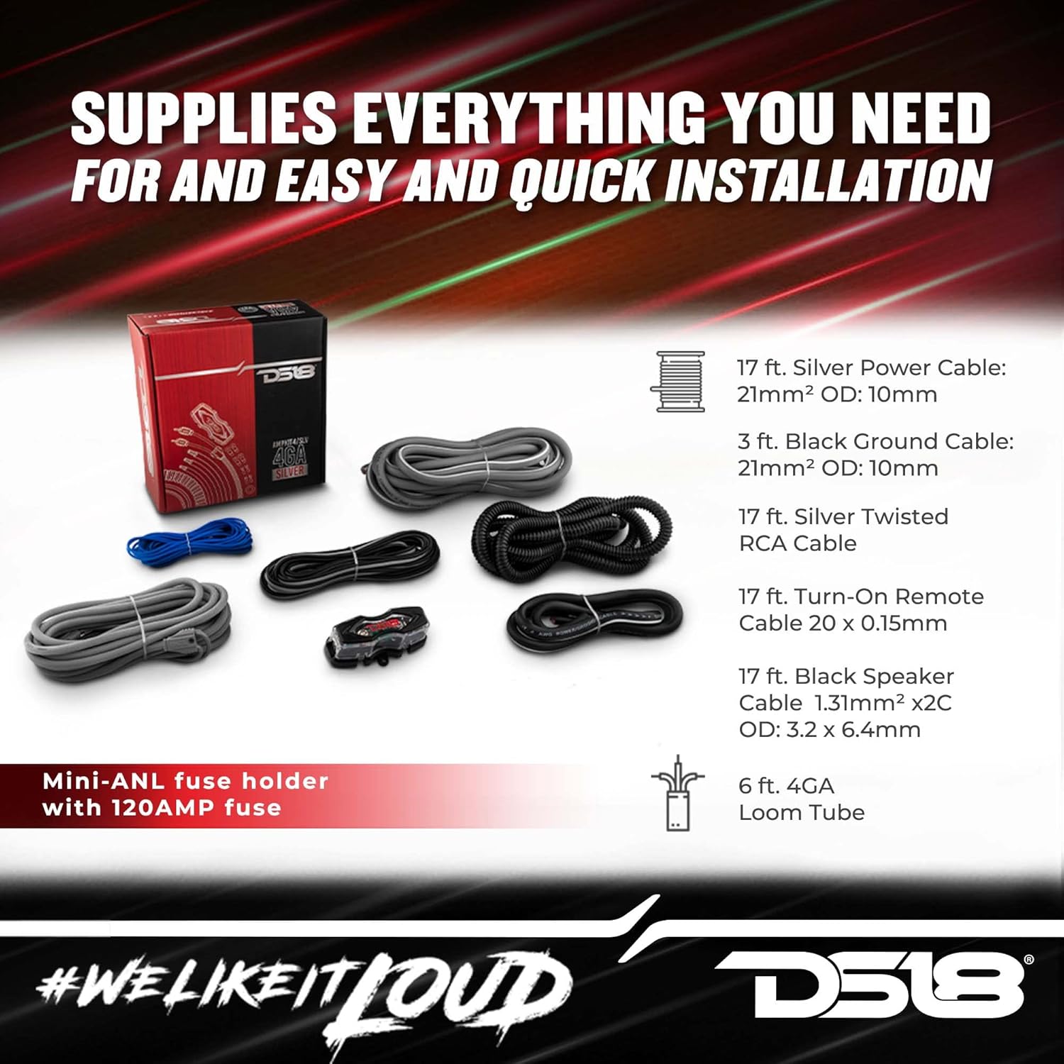 DS18 Car Audio Installation Cables Bundle - AMPKIT 4GA Amplifier Wiring Kit Amp, 100ft Speaker Wire CCA 16GA and 2X RCA Ultra Flex 2-Male to 2-Male 3ft - Superior Sound Quality for Your Stereo System