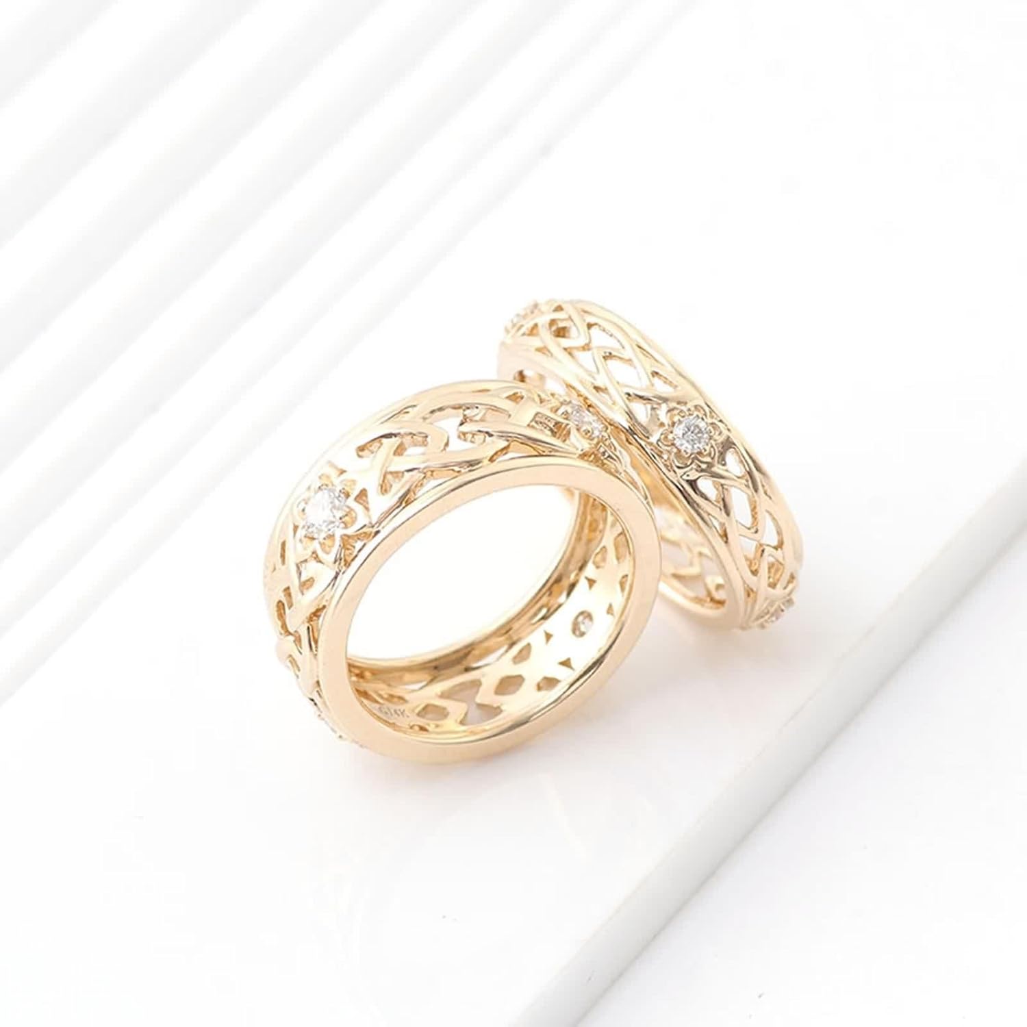 9K Yellow Gold Ring, Womens Engagement Ring Moissanite Vintage Hollow Couple Matching Gold Band for Valentine's Day