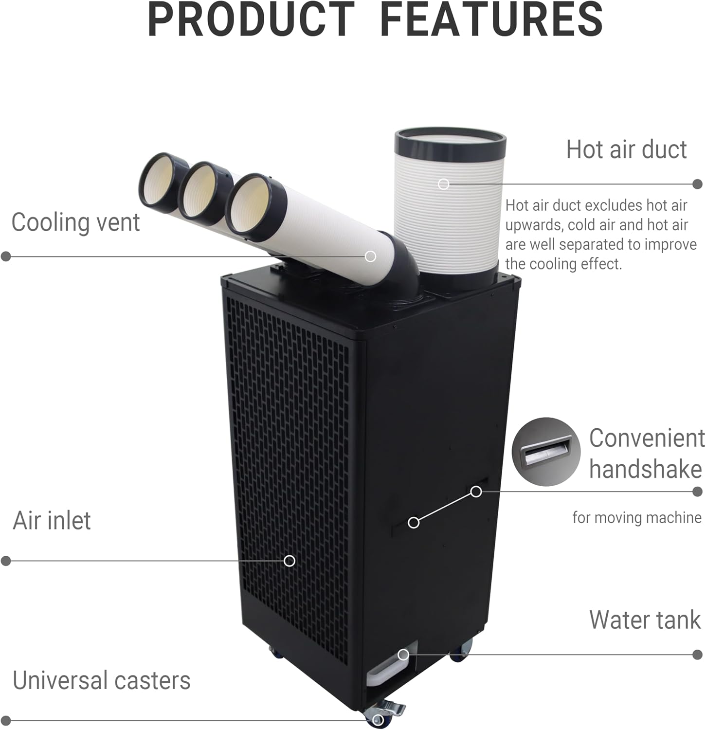 Industrial Air Conditioner 22500BTU/H Portable Air Conditioner Industrial Grade with 3.4Gal Water Tank Portable Mobile Spot Cooler Three-Duct 2.5KW 220V