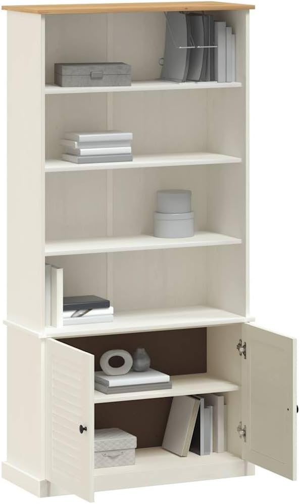 Rustic 6-Tier White Bookcase 33.5 x 13.8 x 66.9 in Solid Pine Wood Shelf Unit with Louvered Doors for Living Room Bedroom Office Storage