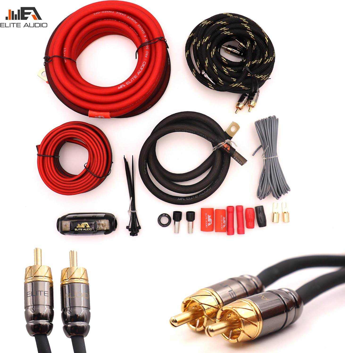 Elite Audio, EA-PROK4 + EA-PRO417, Pro Series Amplifier Wiring Kit and 4-Channel RCA Combo, 4000 Watts Max Power, 4GA Cables, Dual RCA Sets, ANL Fuse and Holder