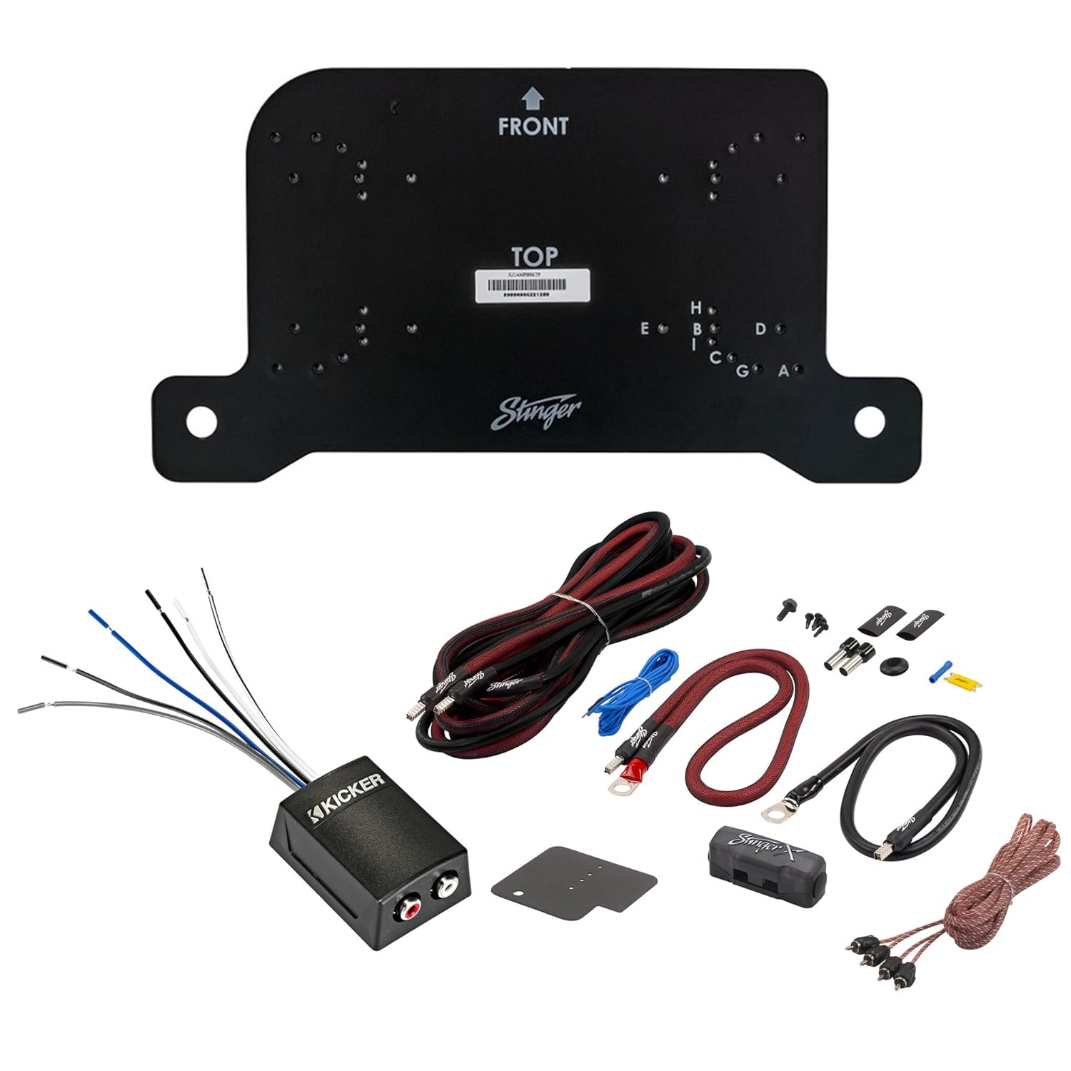 Stinger JLUAMPBRKTD Drivers Under Seat Amplifier Bracket with STXKJW4 Underseat Amplifier 4-Gauge Wiring Kit and Kicker KISLOC2 Line Out Converter Compatible with 2018-2022 Wrangler JL & 2020-2022