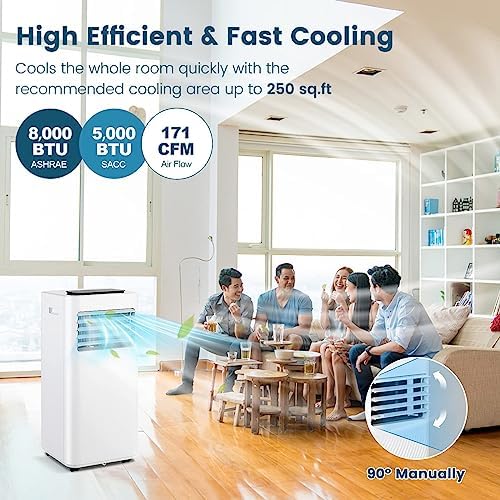 KOTEK Portable Air Conditioner for Room up to 250 Sq. Ft, 8000 BTU 3-in-1 AC Unit for Bedroom w/Sleep Mode, Dehumidifier & Fan, Child Lock/Remote Control, Portable AC for Home Office (White-8000BTU)