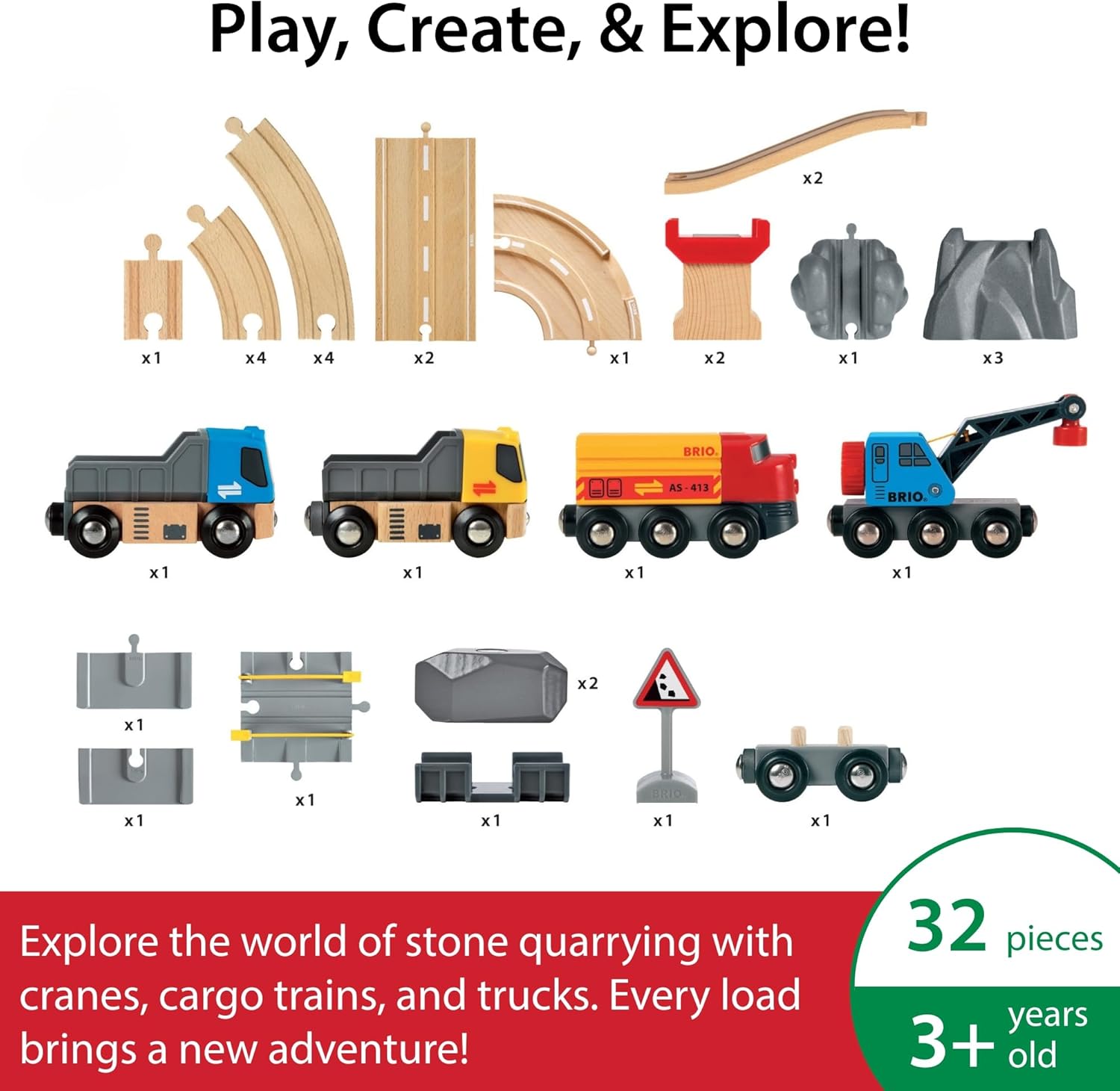 BRIO World Rail & Road Loading Set - 32-Piece FSC-Certified Wood Train Set & Accessories - Special Crane Car, Flatbed, Tracks, & More - Works with All Wooden Railway Sets - Fun Play for Ages 3+