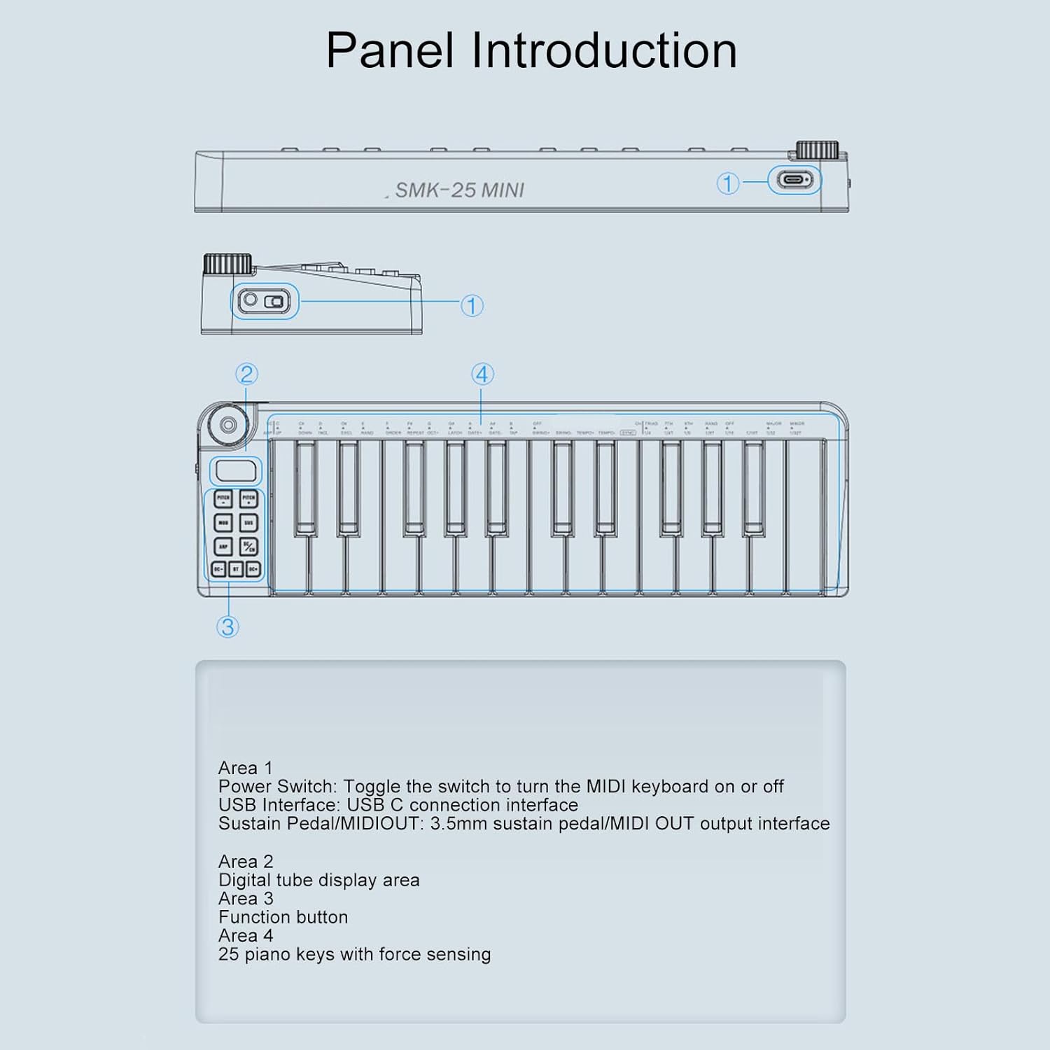 MIDI Keyboard Controller, 25 Sensitive Keys Connection Smart MIDI Keyboard Controller for Music Production