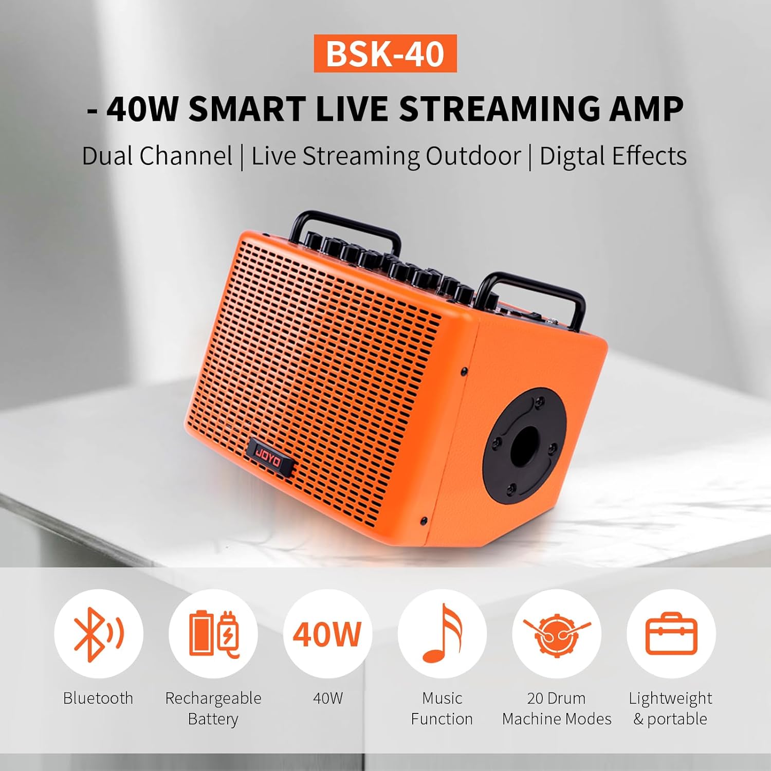 JOYO 40W Acoustic Amplifier Rechargeable Bluetooth Combo Guitar Amp 20 Drum Patterns Reverb Chorus Delay Mic Channel for Live Streaming Outdoor Stage (BSK-40 Orange)