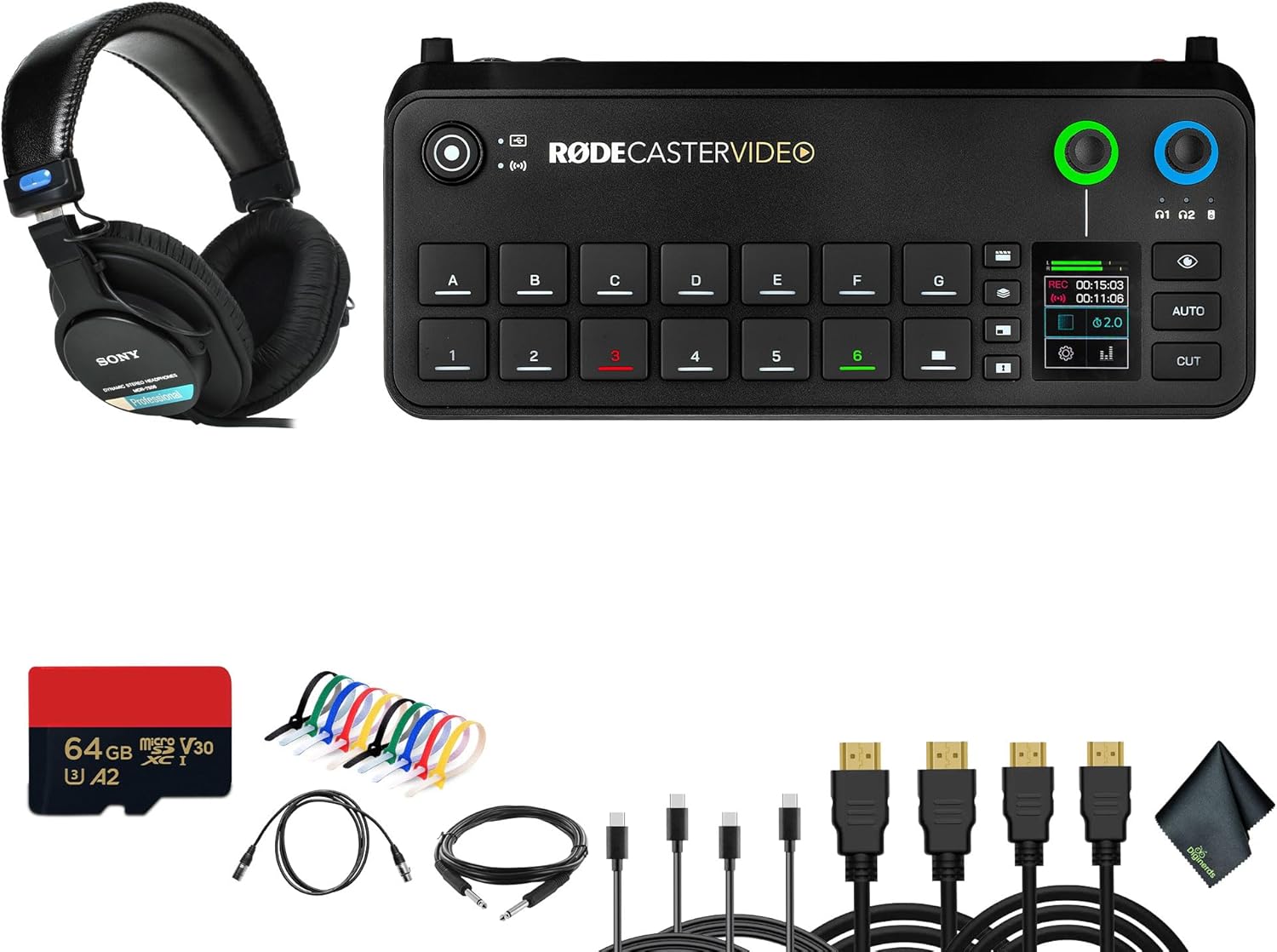 RODECaster Video All-in-One Production Console + 64GB Micro SD Memory Card + Studio Headphones + 2X USB-C + 1/4 TRS + Cable Management Ties + 2X Video Cables + 10 Foot XLR + More (Bundle)