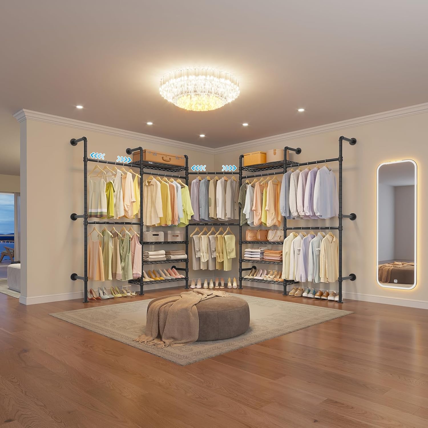 Timate L5 Expandable Closet Rack Wall Mount for Corner, L Shape Heavy Duty Hanging Garment Rack Clothing Rack with 8 Adjustable Shelves & 4 Hanger Rods, Closet System for Hanging Clothes, Black