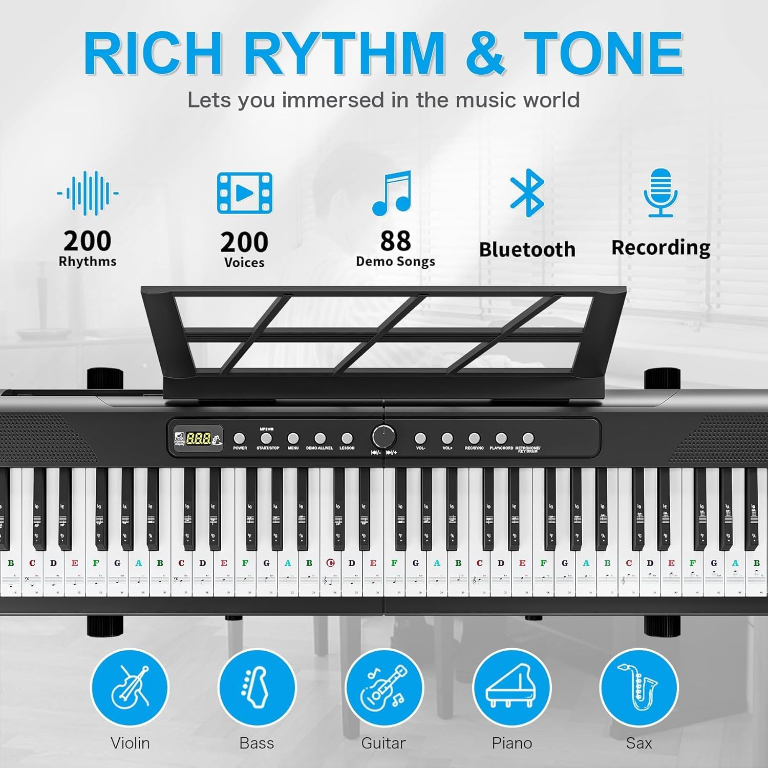 88 Key Digital Piano Keyboard with Semi Weighted Keys, Electronic Piano for Beginners Adults, Music Stand, Power Supply, Sustain Pedal, Stickers, MIDI Bluetooth and Piano Lessons, Black