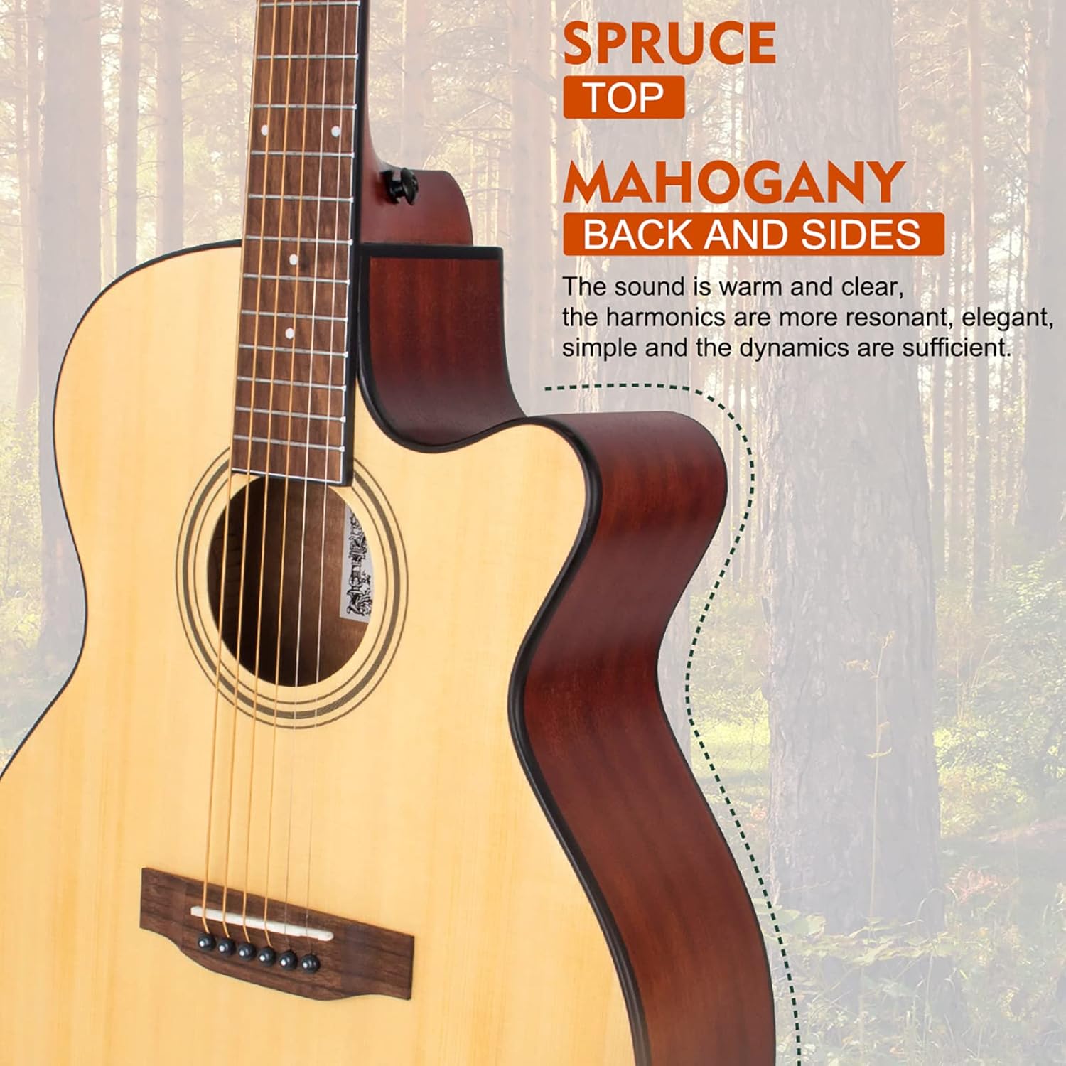 AKLOT Acoustic Guitar for Beginners Full Size 4/4 Folk Guitars Cutaway Acoustique Guitare Starter Kit (38‘’ Spruce Wood W/Bag)