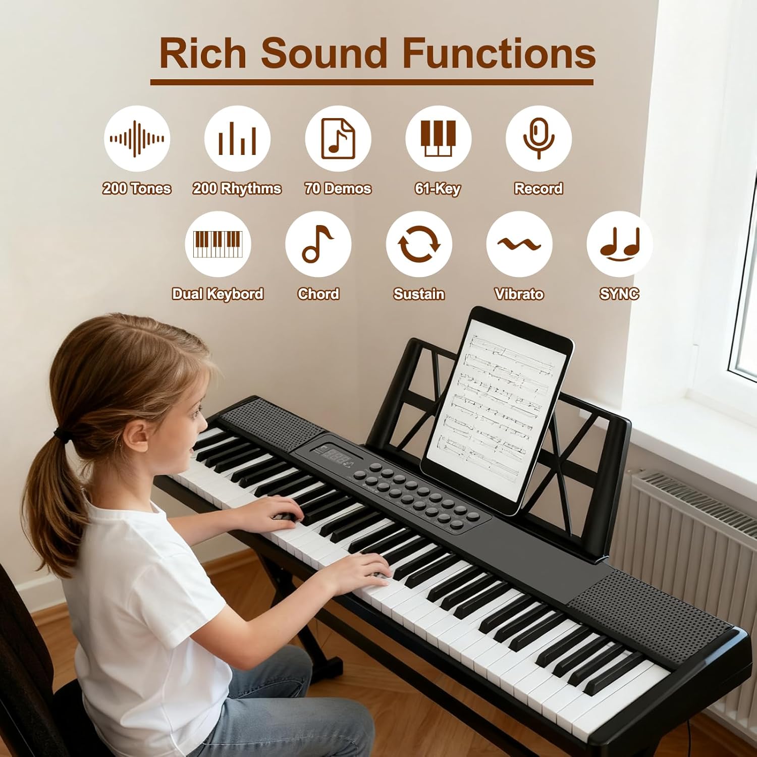 Electronic Piano Keyboard,Foldable 61 Key Digital Pianos with Power Adapter,Sheet Music Stand,Sticker,Bag,Gift for Beginners,Black