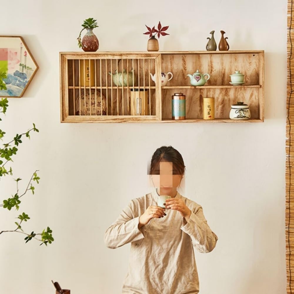 Wall Mounted Storage Cabinet Vintage Storage Rack Wood Floating Shelf Cup Holder Display Rack for Kitchen Home Long-Lasting(Natural,60cm)