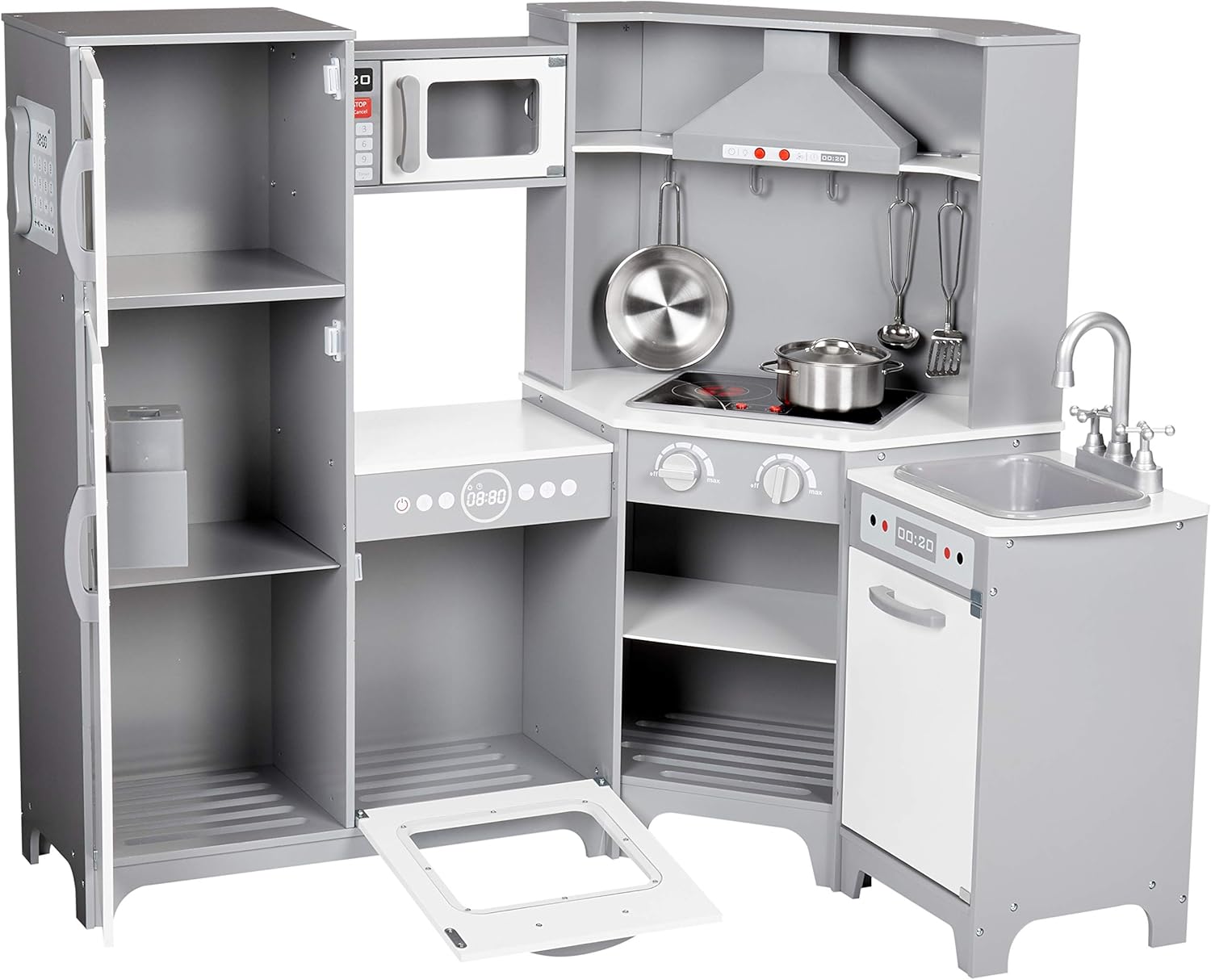 Amazon Basics Kids Corner Wooden Kitchen Toy Playset with Stove, Oven, Sink, Fridge and Accessories, for Toddlers, Preschoolers, Children Age 3+ Years, White & Gray, 39.37