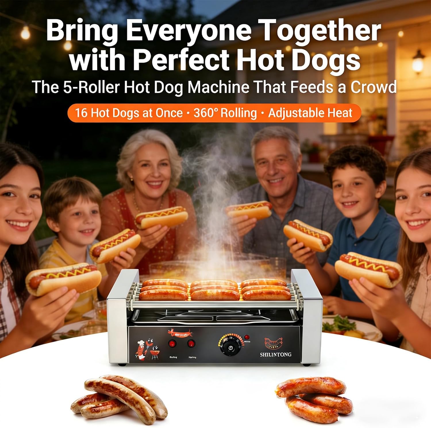 Commercial Hot Dog Roller Machine - 5 Roller Electric Grill with 16 Hot Dog Capacity, 750W Stainless Steel, Removable Drip Tray