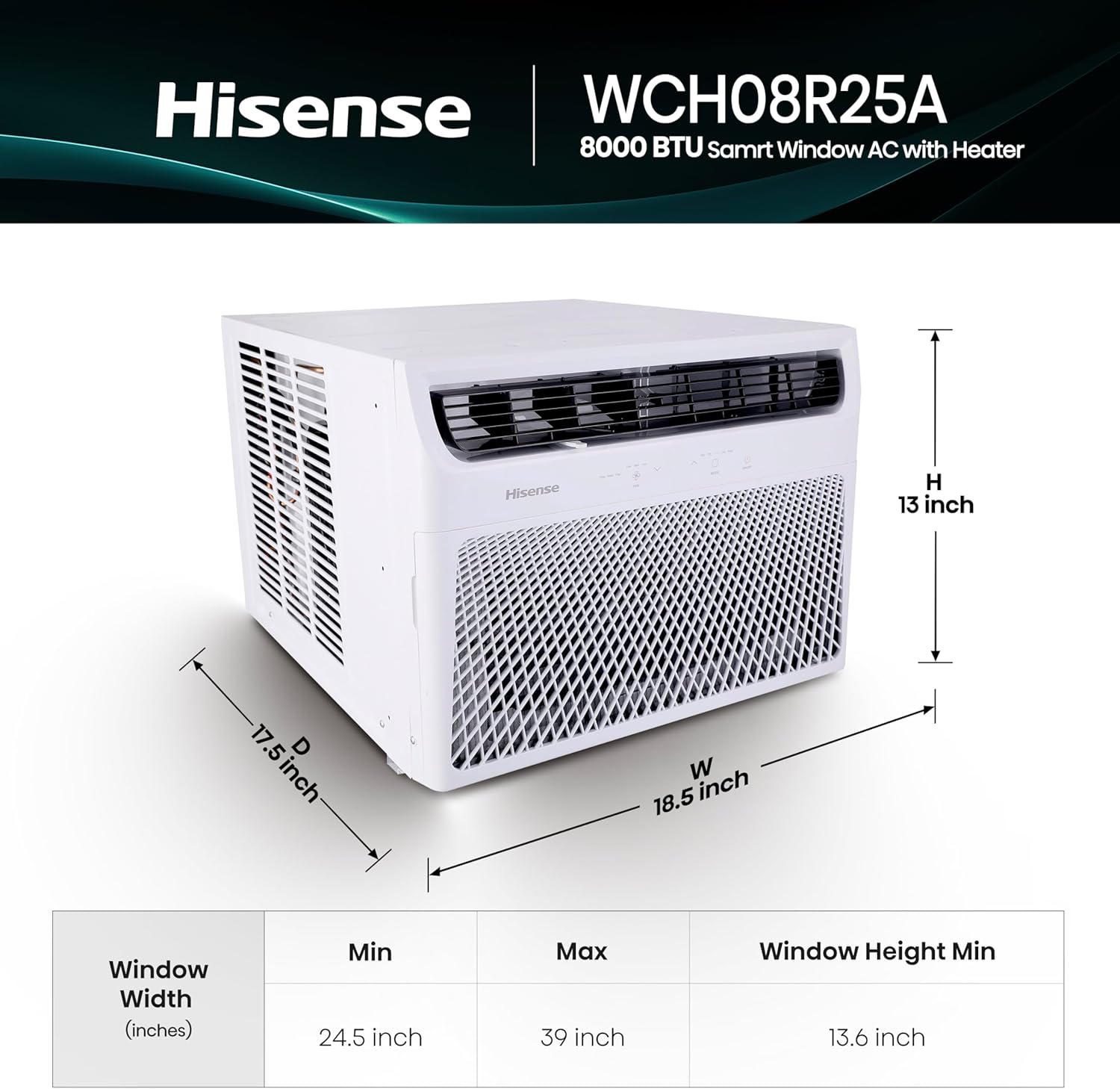 Hisense WCH08R25A Window Air Conditioner, White, 8,000 BTU Heat and Cool, 4 modes (Cooling, Heating, Fan, Dehumidifier), Easy Installation, 2 Years Warranty