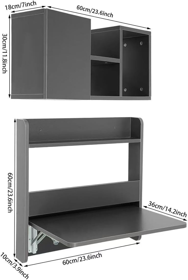 Wall Mounted Desk & Bookshelf, Folding Space Saving Wall Mounted Table with Storage Compart Space, Fold Down Laptop Desk for Home Office (Grey)