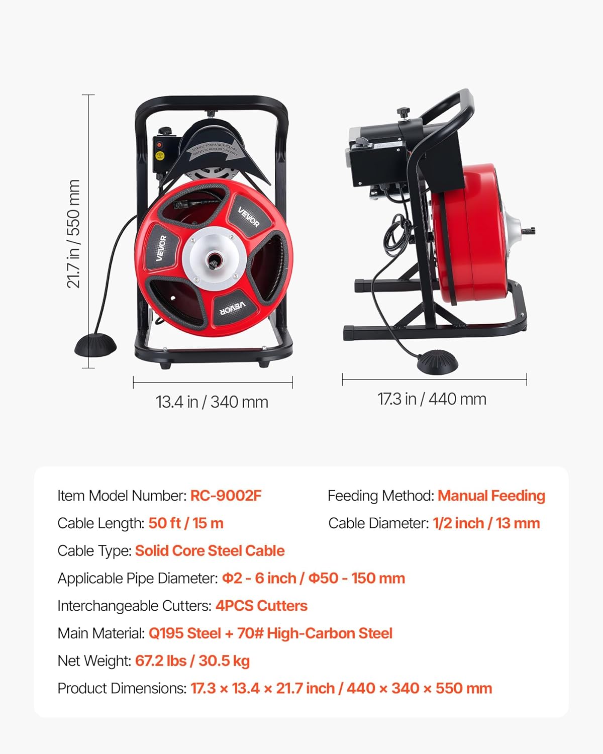 VEVOR Drain Cleaner Machine 50 FT x 1/2 Inch, Manual Feed Sewer Snake Auger with 4 Cutters & Air-Activated Foot Switch for 2