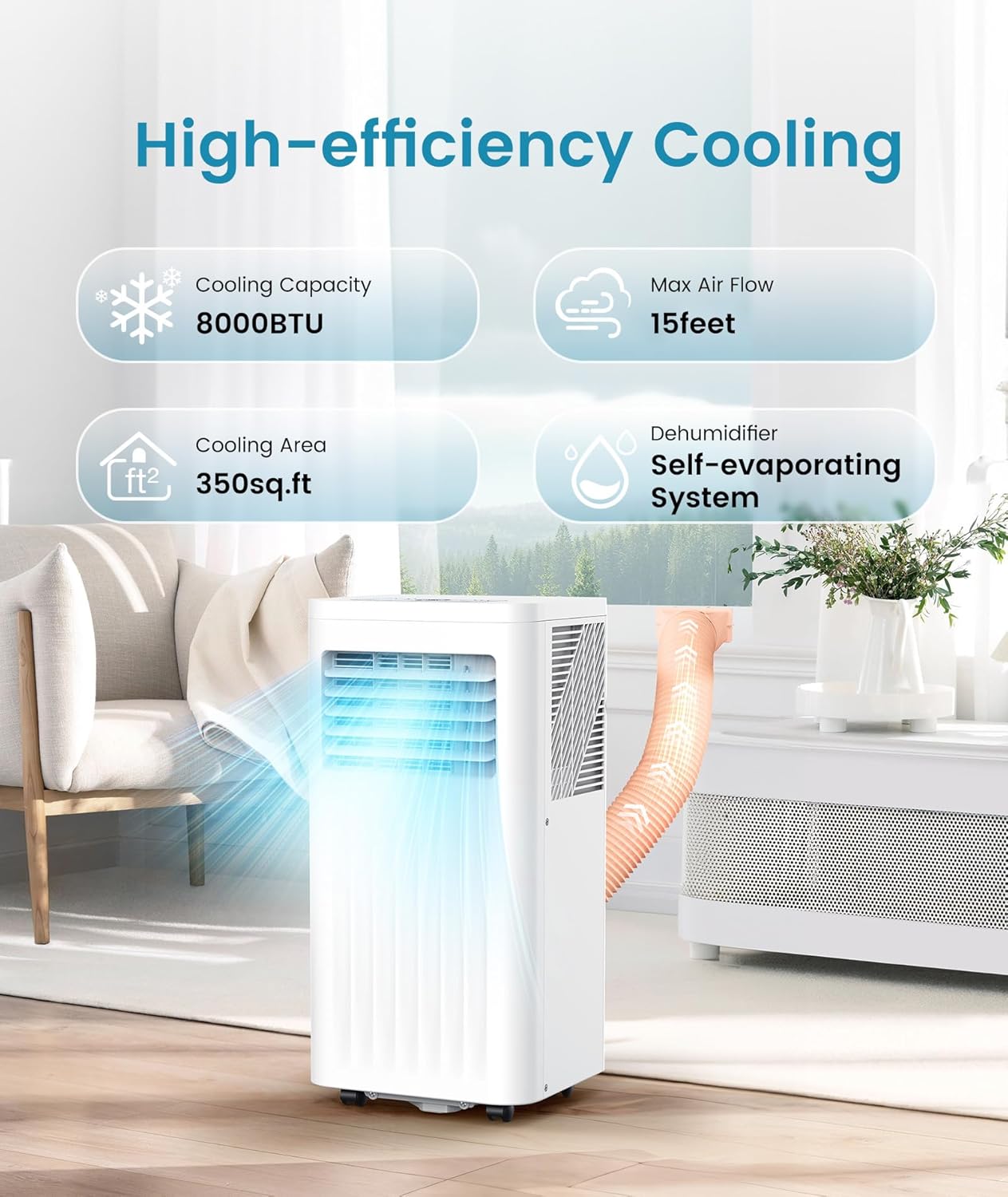 Joy Pebble Portable Air Conditioner, 8000 BTU Air Conditioner with Cooling, Fan, Dehumidifier, Sleep Mode, ≤55 db, Cooling up to 350 Sq. Ft. with 24H Timer/Digital Display/Remote Control & Window Kit