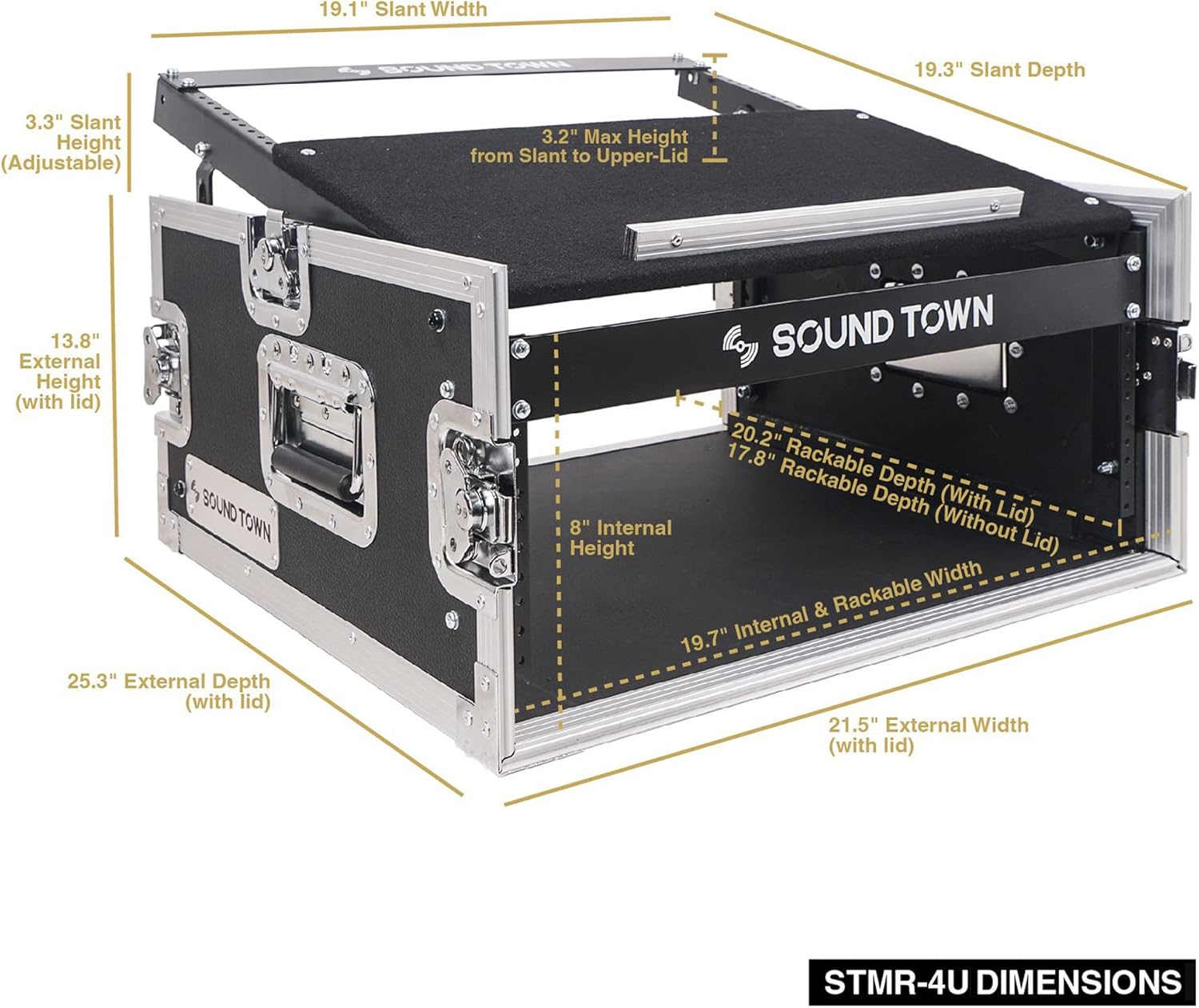 Sound Town 4U PA DJ Pro Audio Rack/Road ATA Case with 11U Slant Mixer Top, 20.2’ Rackable Depth, 4 Space Size - Pro Tour Grade (STMR-4U)