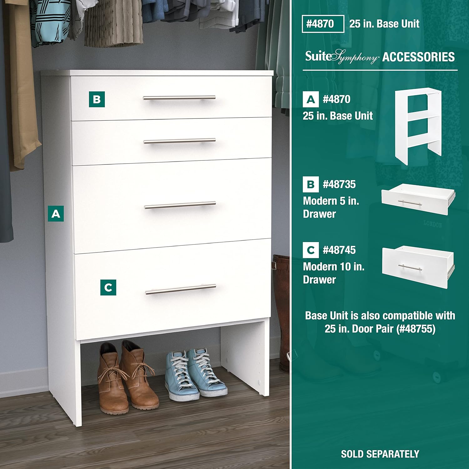 ClosetMaid SuiteSymphony Wood Closet Drawer, Add On Accessory, Modern Style, for Storage, Closet, Clothes, 25” x 5” Size for 25 in. Units, Pure White/Satin Nickel