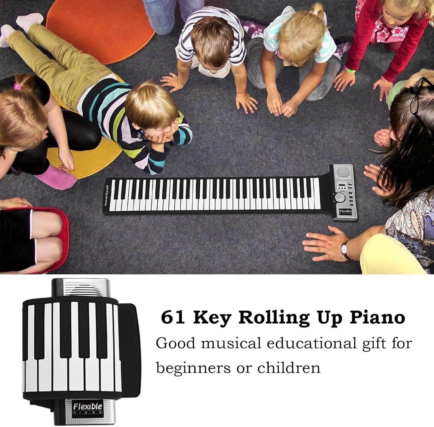 61-Key Roll Up Piano Keyboard, Portable Silicone Travel Piano, MIDI Support, Built-In Speaker for Beginners & Kids