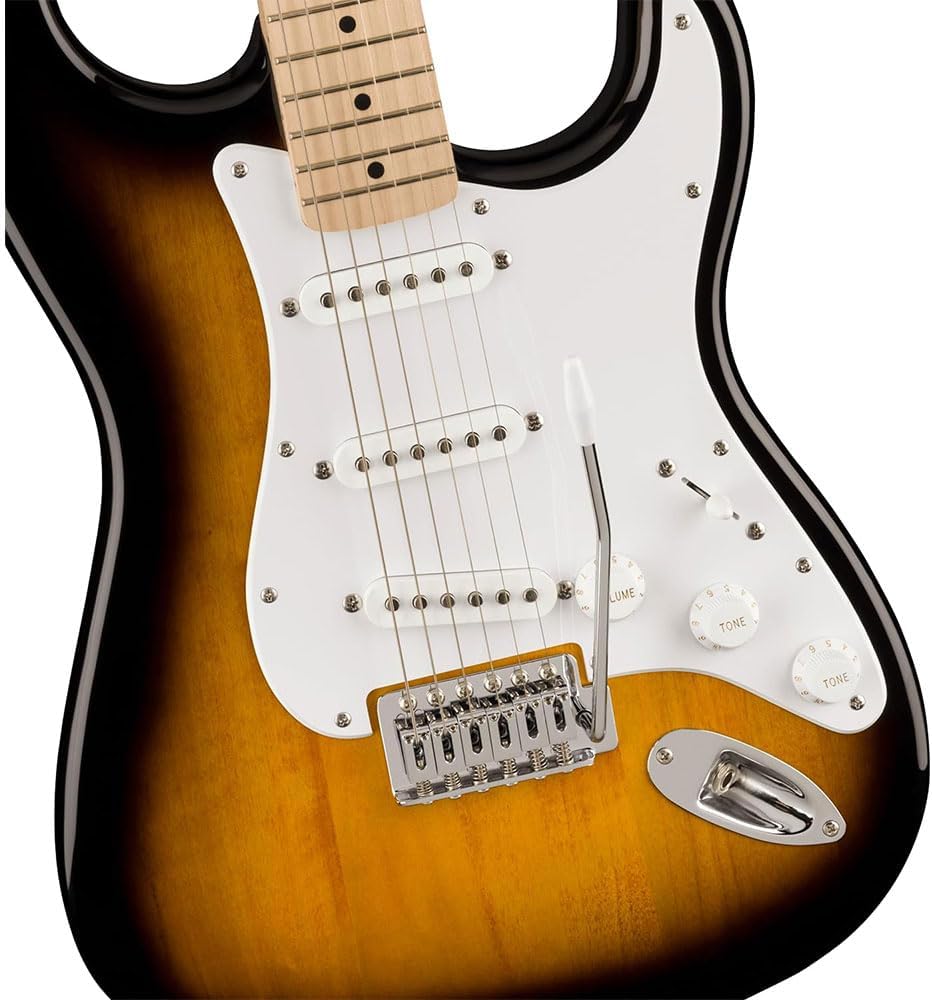 Squier Sonic Stratocaster Electric Guitar 2-Color Sunburst, Maple Fingerboard, White Pickguard Bundle with Fender Logo Guitar Strap Black, Fender 12-Pack Celluloid Picks, and Instrument Cable