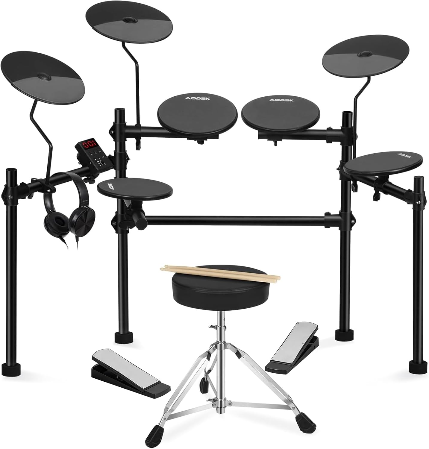 AODSK Electric Drum Set with 4 Quiet Drum Pads,Portable and Solid Drum Set for Beginner with 200 Sounds,2 Switch Pedal,Drum Throne,Drumsticks,Headphones (UAED-403TS)