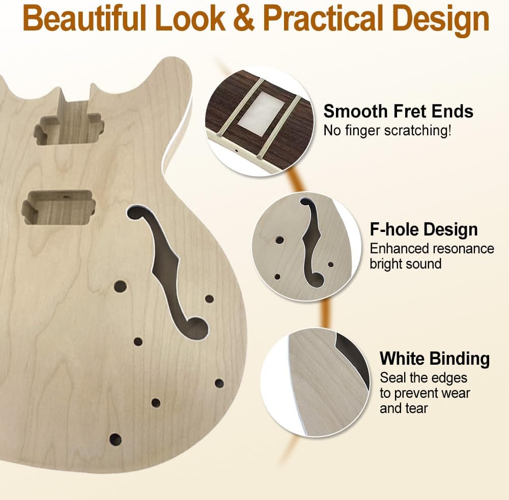 Semi-hollow Electric Guitar Kit, Maple Neck & Body, Rosewood Fretboard, 24.75
