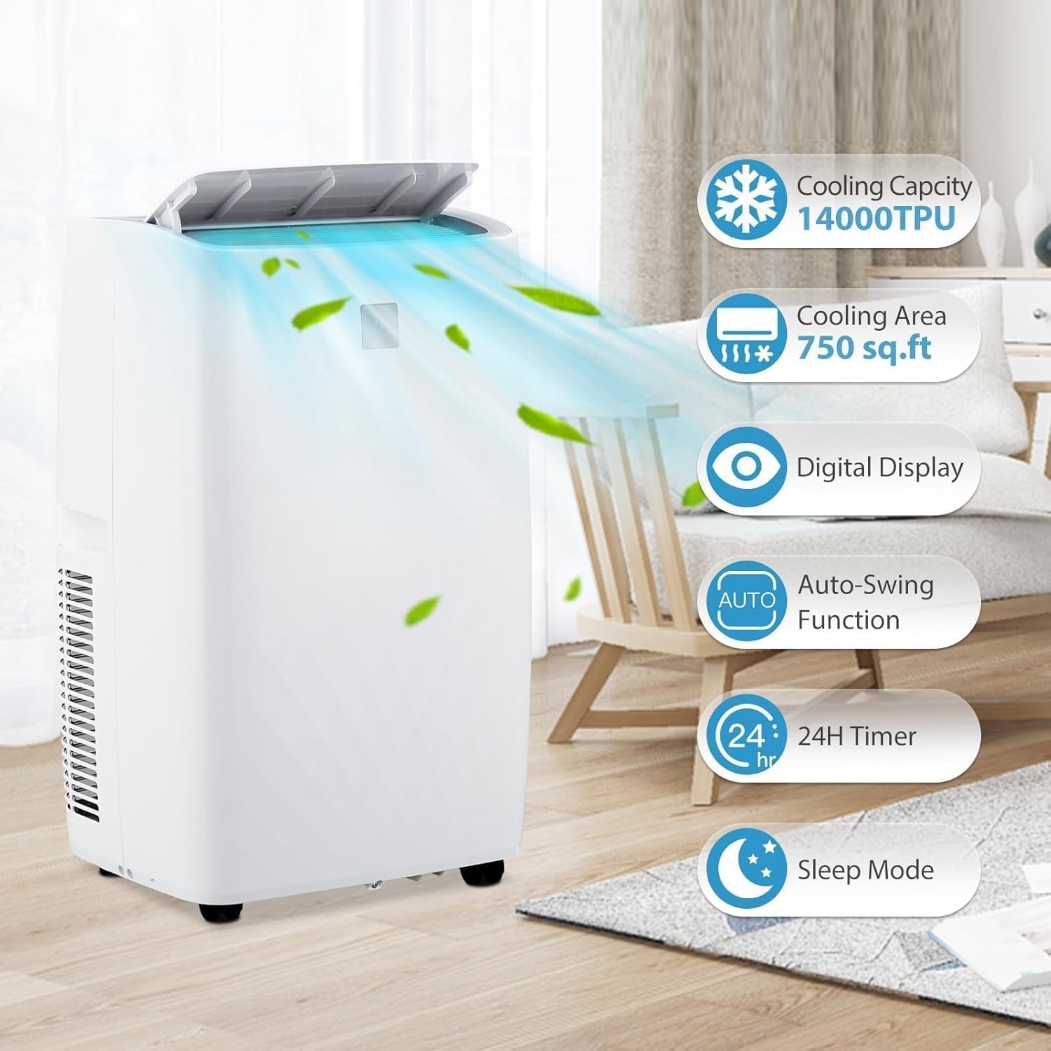 14,000 BTU 4-in-1 Portable Air Conditioner for up to 700 Sq.Ft with Cooling, Dehumidifier, Fan & Sleep Mode, Remote Control, LED Display, 24H Timer, Quick Setup and Caster Wheels