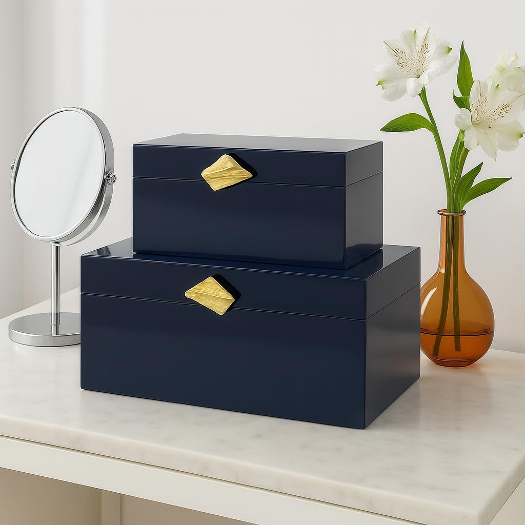 Vintiquewise Set of 2 Decorative Wooden Storage Boxes with Gold Accent – Boxes for Keys, Jewelry, Makeup, Accessories, Crafts, Gadgets, Home Office, Living Room, Bedroom & Entryway Décor, Blue