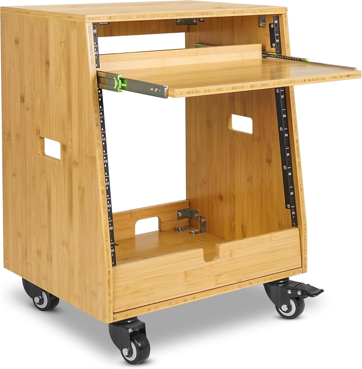 Sound Town DIY Solid Carbonized Bamboo Slanted 10U Studio Rack (2U Top + 8U Lower), with 2U Bottom Storage, Slide-Out Tray, Caster, For Recording Room, Home Studio (STBR-ST10T)