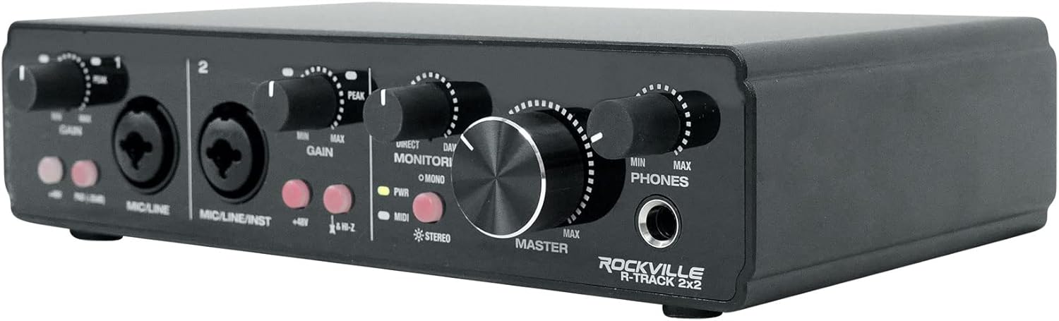 Rockville R-TRACK 2x2 Bundle: USB audio interface 24 Bit 192 kHz, (2) RCM SR condenser mics, (2) PRO-M50 SR studio headphones, (2) R-BOOM 34 boom arms, RHPA4 4-channel monitor amp, TRS cable, 9-items