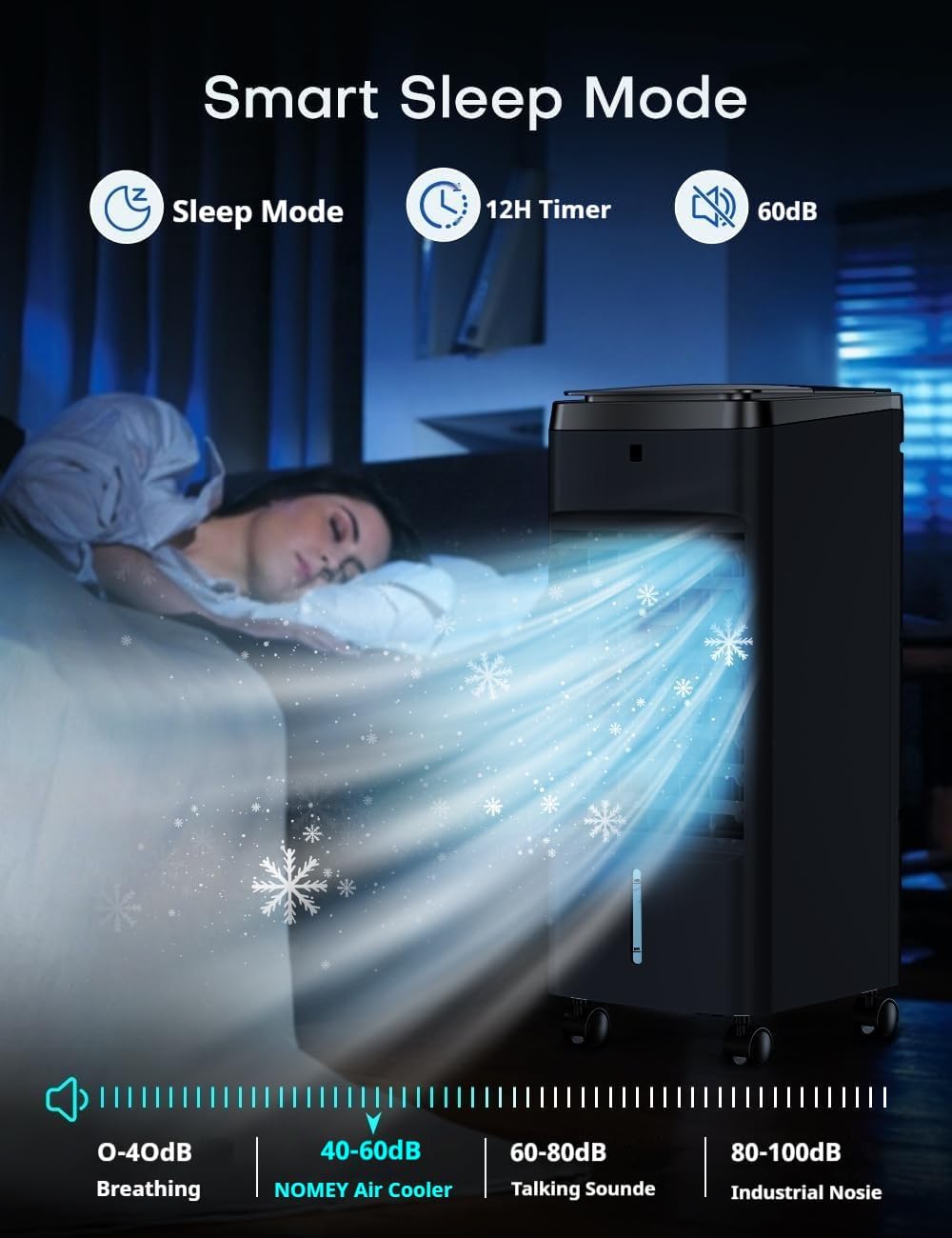 NOMEY Evaporative Air Cooler, 3-IN-1 Air Conditioner Portable for Room w/ 4 Modes & 3 Speed, 12H Timer, 1 Gal Detachable Water Tank, 4 Ice Packs, Remote, 70° Oscillation Air Cooler for Bedroom Indoor