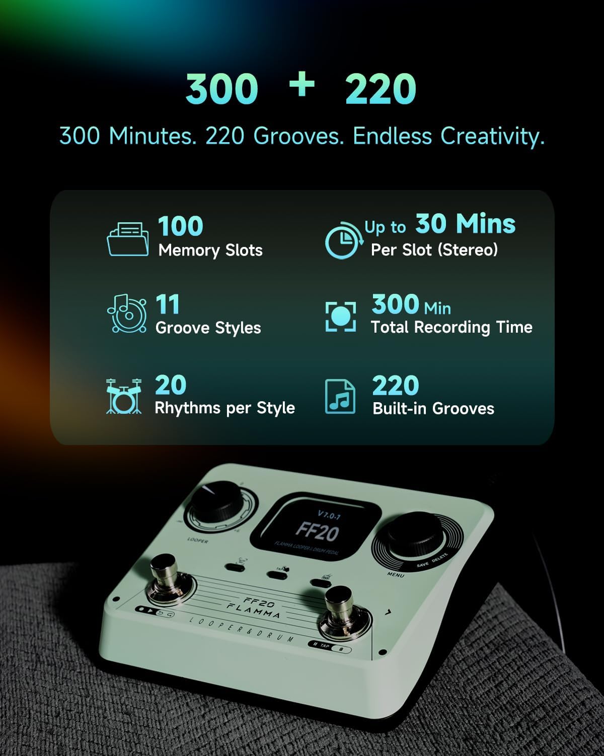 FLAMMA FF20 Looper Pedal Drum Machine, Drum Looper Guitar Pedal with Screen, 300 Min Recording, 220 Drum Grooves, 100 Loop Slots, Time Stretch, Auto Record, USB & Headphone Out, for Guitar and Bass