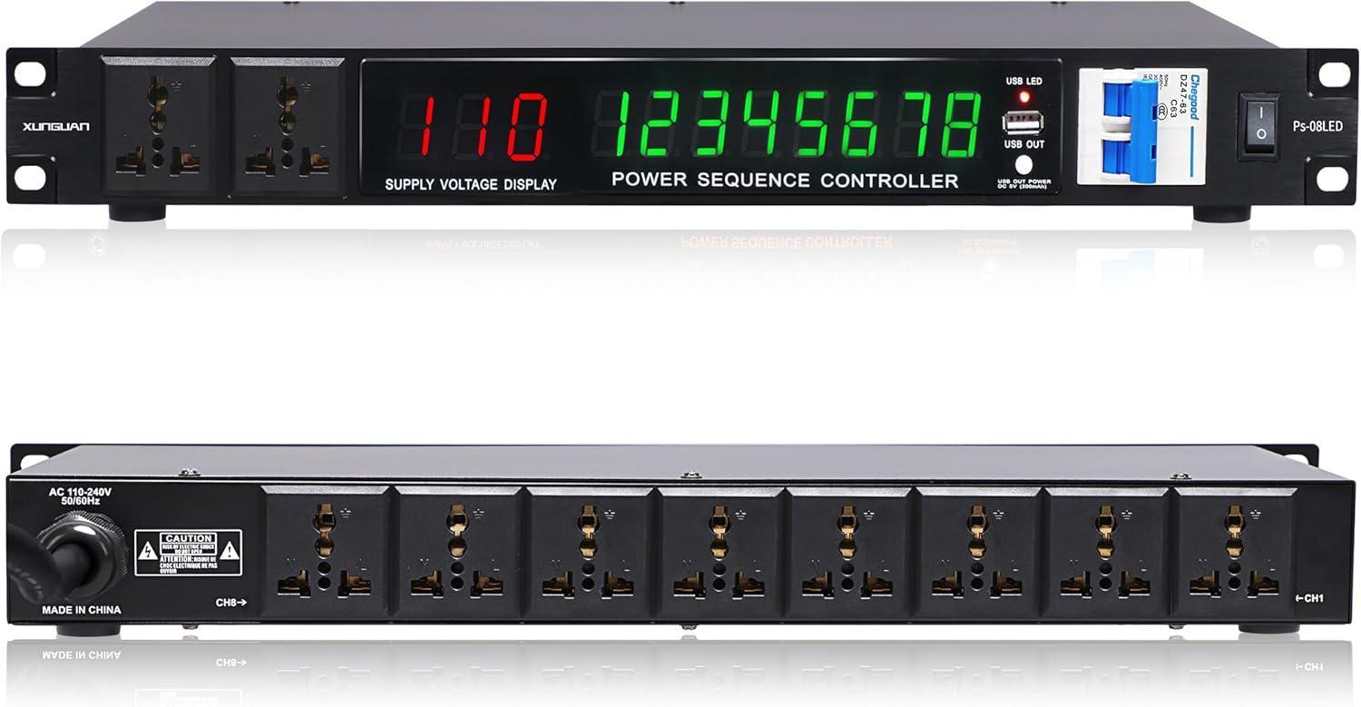 LED 10 Outlet Power Sequencer Conditioner, 3000W Rack Mount professional audio digital power controller voltage regulator w/voltage readout, USB, big digital display, home theater stage/studio use