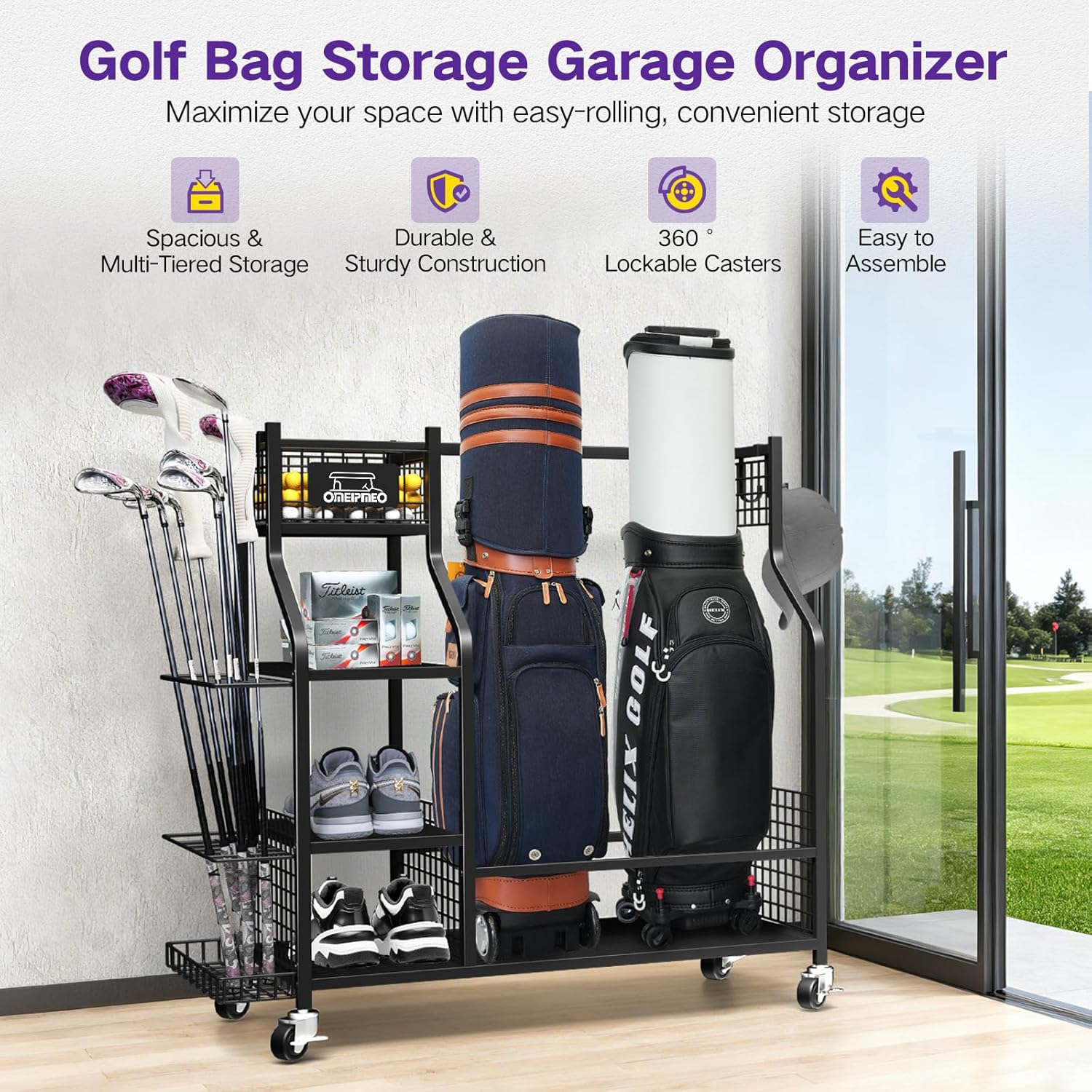 Golf Bag Storage Garage Organizer, Golf Bag Storage Stand and Other Golfing Equipment Accessories Rack, Golf Bag Storage Rack with Wheels, Golf Organizer for Home, Garage, Club, Shed, Basement