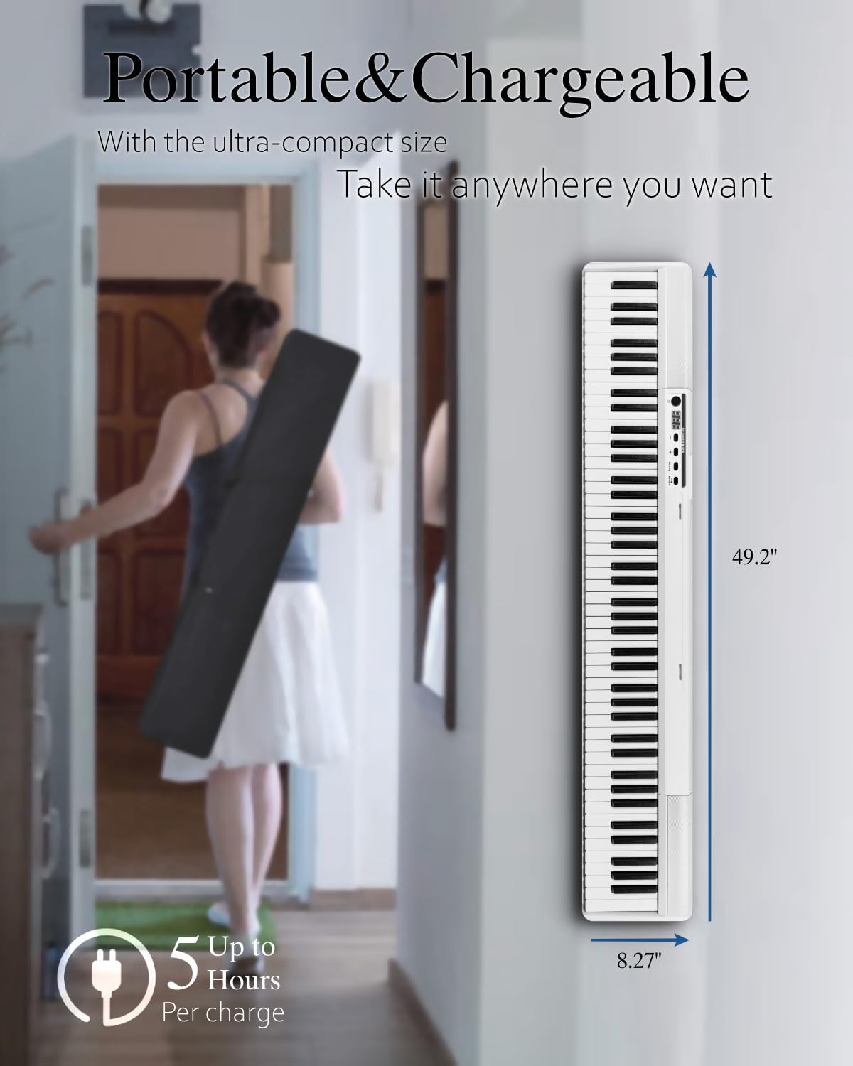 Longeye Piano Keyboard 88 Keys Compact Portable Digital Piano for Beginners with Semi-Weighted Full-Size Keys, Stand, Headphones, Sustain Pedal, Carrying Case, White