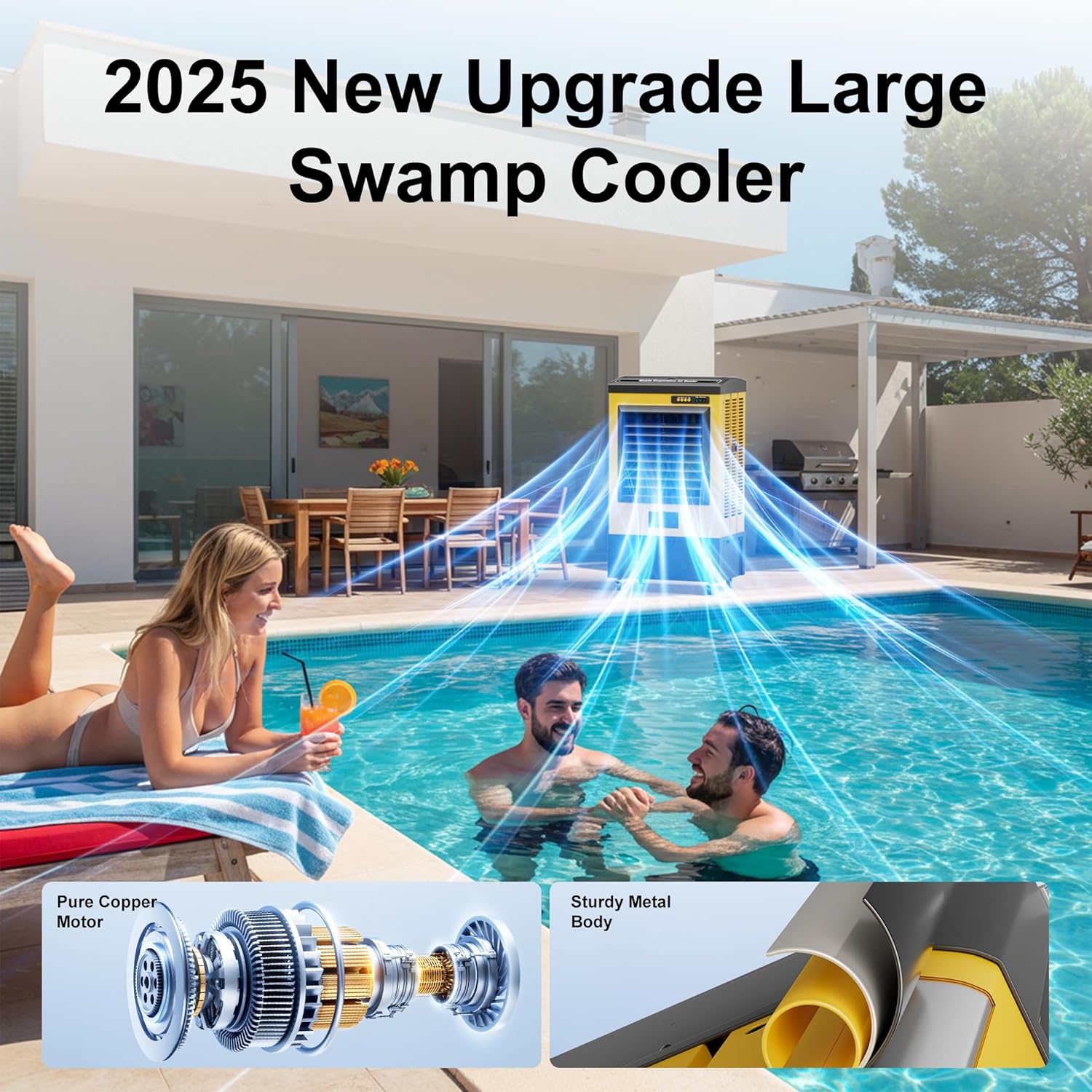 AKIRES 6500CFM Swamp Coolers,Evaporative Air Cooler for 1600Sq.ft of Space,with Continuous Auto Fill,19-Gal Water Tank,120°Oscillation,5 Ice Packs,Cooling Fan for Outdoor,Indoor Yellow(48IN)
