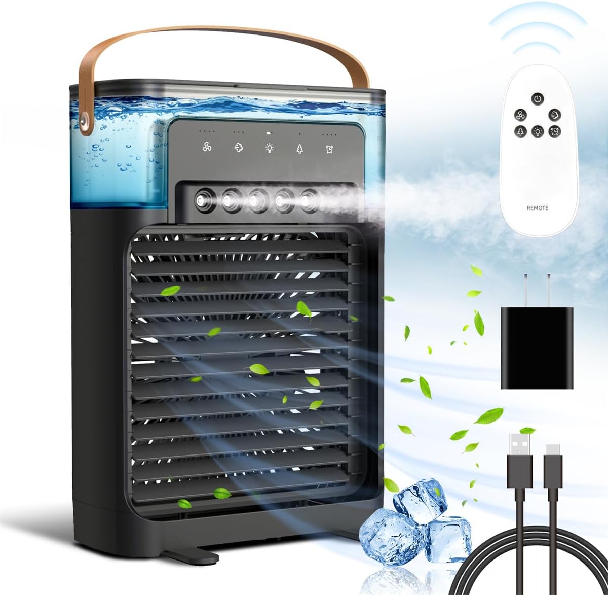 Portable Air Conditioners Fan, NTMY Personal Air Cooler with Remote Control, Ultra-Quiet Mini Air Cooling Fan with Natural Wind Function, 5 Cool Mist & 4 Speeds & Timer for Bedroom Office Desk