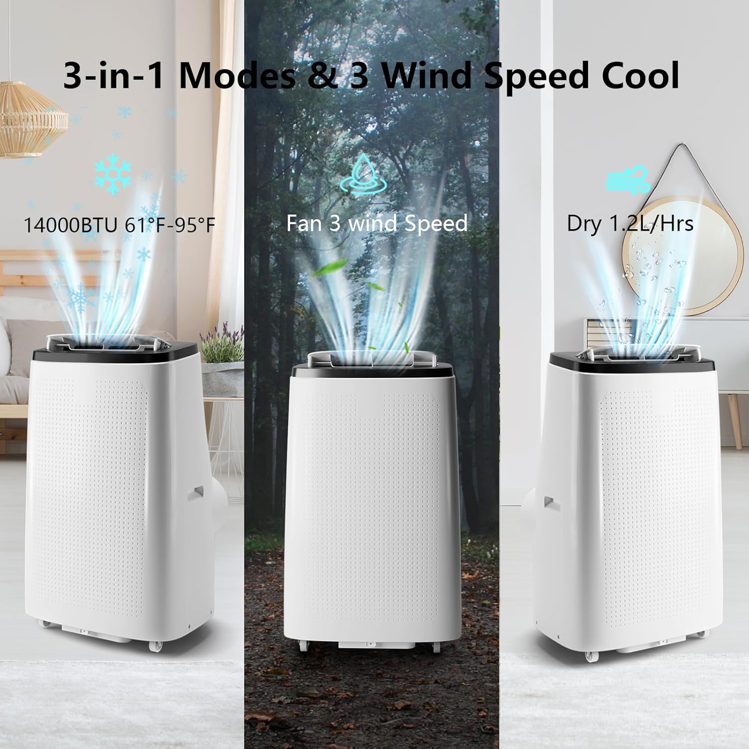 BLACK+WHITE 14000 BTU Portable Air Conditioner, 3-in-1 Portable AC with Fan & Dehumidifier, Quiet Sleep Mode 