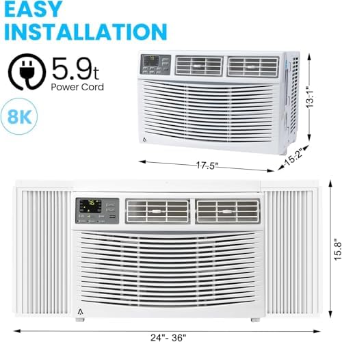 8000 BTU, Cools Up to 350 Square Feet Energy Efficient Window Air Conditioner with Remote Control, Quiet Operation, Eco Mode, 3 Fan Speeds, Auto Restart